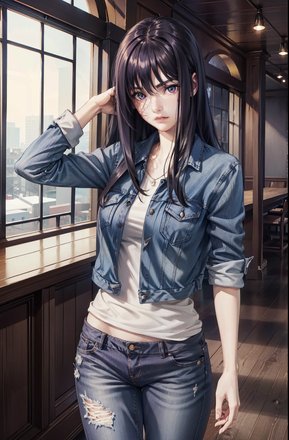 8k, (stand:1.3), slim and fit girl, perfect medium breast, slim waist, long dark purple straight hair, a lock of hair hides the right eye, burn scar, burn mark on right side of face and body, casual outfit, jacket, tight sexy denim outfit, holds his hands behind his back, carefully drawn hands