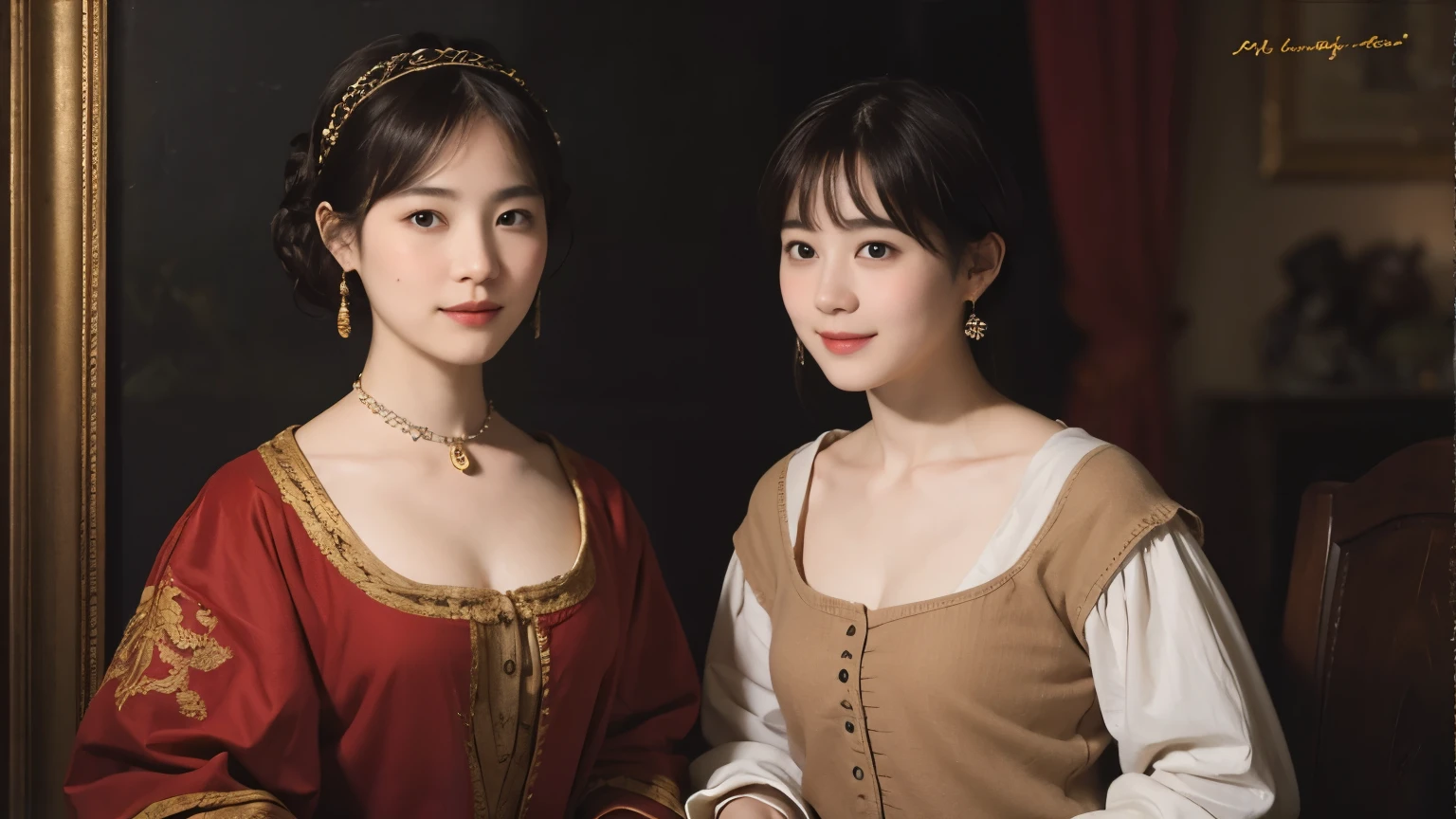 185 short hair, 20 year old female, gentle smile, (rembrandt style painting), (chest:1.46), long skirt