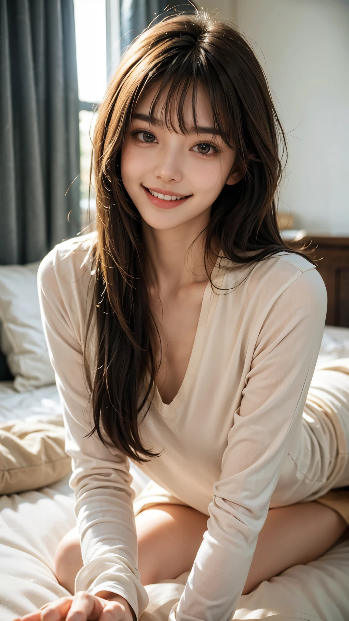 highest quality, masterpiece, ultra high resolution, (realistic:1.4), thinウエスト,thin脚,thin and beautiful arms,beautiful fingers,because I&#39;thin,Medium chest,soft chest,(portrait on all fours) Raw photo,sparkling eyes,Clear black eyes,, 1 girl,20-year-old,((One long-sleeved shirt on the bed)),,((long hair、messy hair)),((Bangs short hair)),realistic,picture media chest)),((toothy smile)),((big smile))