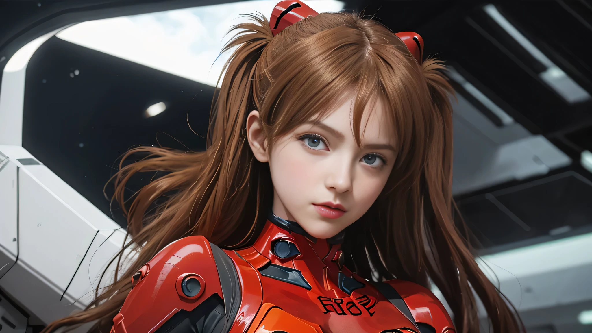 （俯瞰shape），dynamic angle，dynamic pose，Super detailed，shape，close-up of，straight，1 girl huge big ，Soul Asuka Langley，
 （（Soryu Asuka Langley，interface headset，red bodysuit：1.5，blonde）），彼女の目はdream-like星のように輝いていた，（Glow eye：1.233），（beautiful and delicate eyes：1.1），（No expression，please keep your mouth shut），（stand），（Mechanical room with tools and spaceship windows on white spaceship），（night：1.2），dream-like， [[thin fingers and hands：0.55]：：0.85]，（finger details），,perfect body,(lie:1.3)