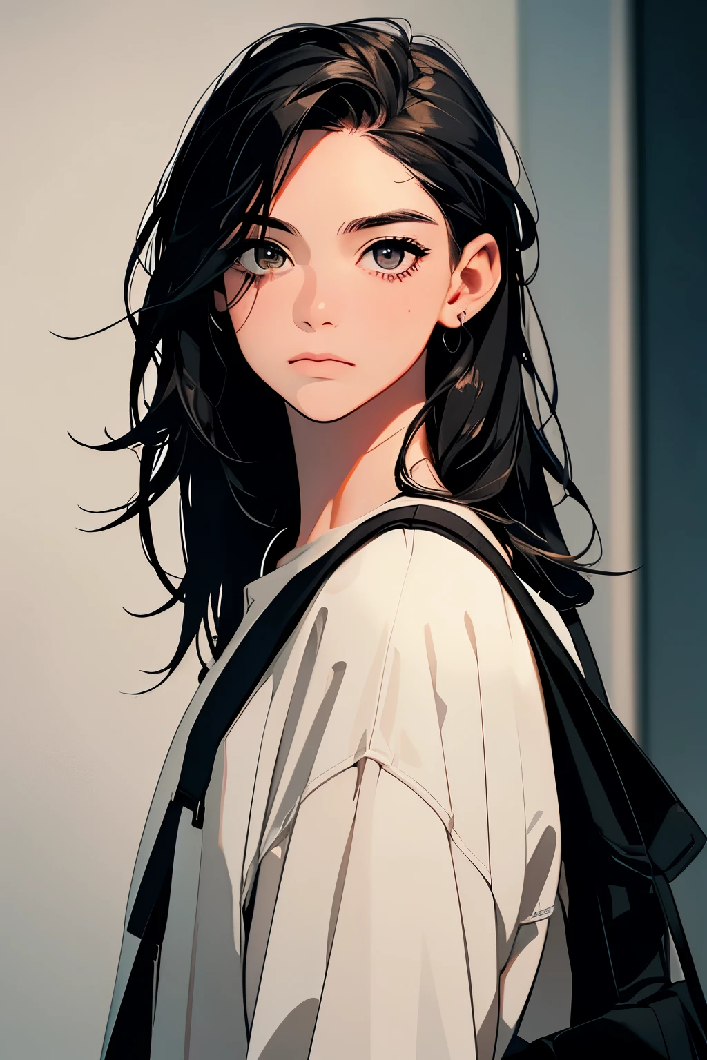 highres,ultra-detailed,realistic,portrait,caucasian female,18 year old,black hair, messy bangs,hazel irises,toned,slender physique,realistic proportions,anatomically accurate,college student,sad, depressed; intimate distance,soft lighting