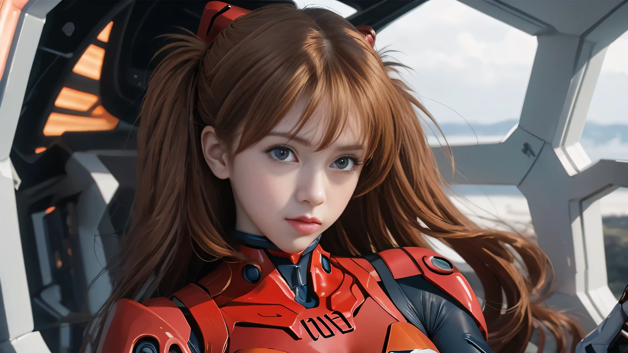 （俯瞰shape），dynamic angle，dynamic pose，Super detailed，shape，close-up of，straight，1 girl huge big ，Soul Asuka Langley，
 （（Soryu Asuka Langley，interface headset，red bodysuit：1.5，blonde）），彼女の目はdream-like星のように輝いていた，（Glow eye：1.233），（beautiful and delicate eyes：1.1），（No expression，please keep your mouth shut），（stand），（Mechanical room with tools and spaceship windows on white spaceship），（night：1.2），dream-like， [[thin fingers and hands：0.55]：：0.85]，（finger details），,perfect body,(lie:1.3)