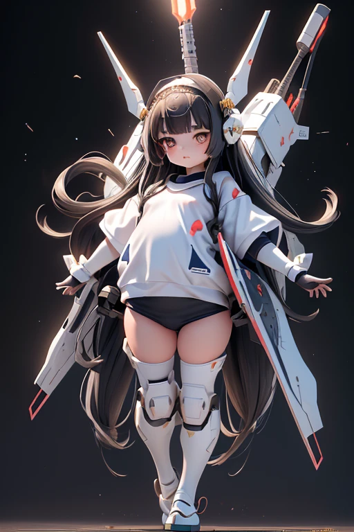 (highest quality)), ((masterpiece)), (very detailed: 1.3), 3D, {(1 young girl)}, (wear navy buruma and white gym uniform with colored hem under armor:1.2), (black hair:1.5), wears a futuristic Gundam mecha,(heavy armored Gundam), with headgear, with v-fin , armored shoulders,armored under arms, armored under legs, short sleeve, attached 2 huge weapons on back, legs mounted weapon module, multilayer textureperfect proportions, octane rendering, duotone lighting, Low ISO, wide aperture, White balance, Rule of thirds, ultra HD16k, HDR (High Dynamic Range), Ray Tracing, NVIDIA RTX, Super Resolution, Subsurface Scattering, PBR Texturing, Post Processing, Anisotropic Filtering, Depth of Field, Maximum Clarity and Clarity, High efficiency subpixel, subpixel convolution, particles of light, light scattered, Tyndall effect, full body:1.5, In battle, cute, (cute:1.2), (long hair:1.3),thick eyebrows, light colored iris, big, shining black eyes, long eyelashes, small, pale natural lips, (Average face of Japanese idols), (Baby face unique to Japanese people:1.3), (baby face), wide forehead:1.2, plump cheeks, small chin, in the hangar,looking at viewer,Focus on the eyes