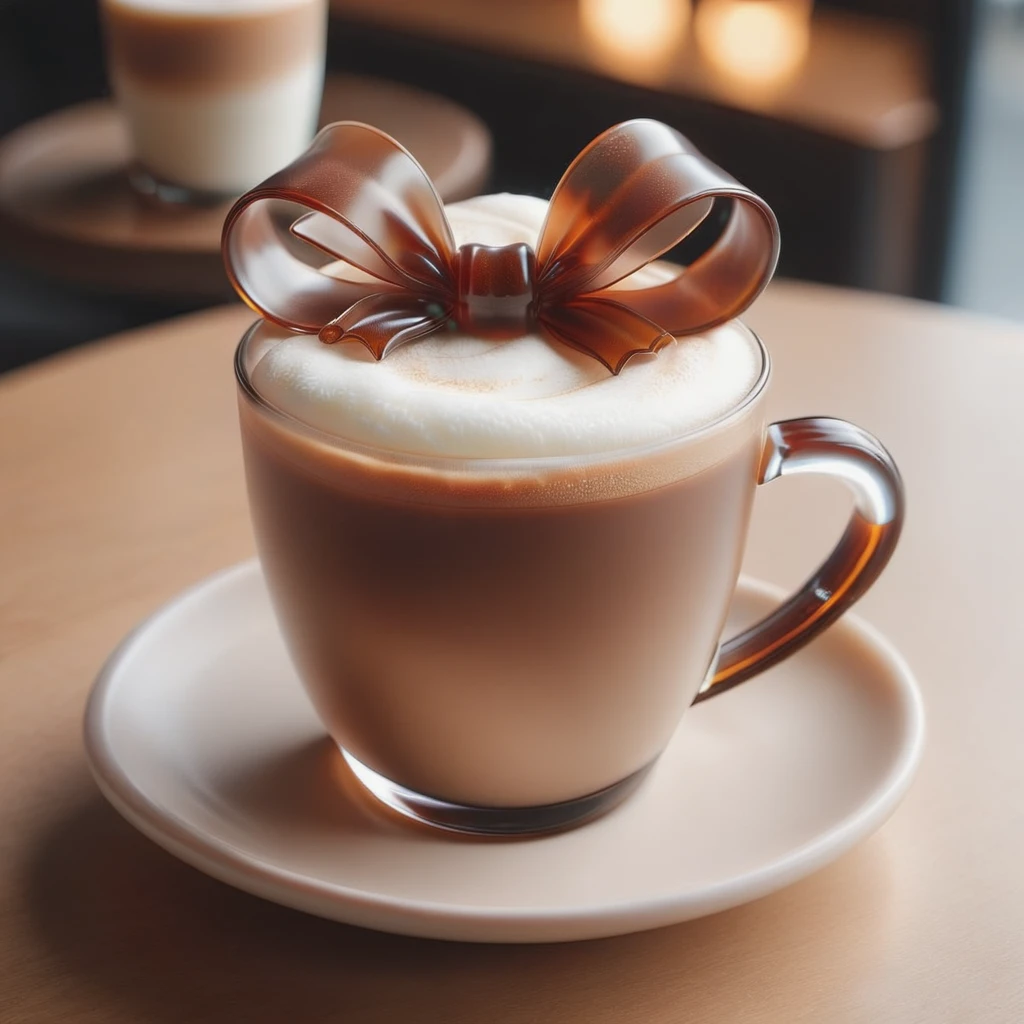 a close-up shot of instant present, a brown transparent coffee cup, milk foam bow, in theme cafe shop 