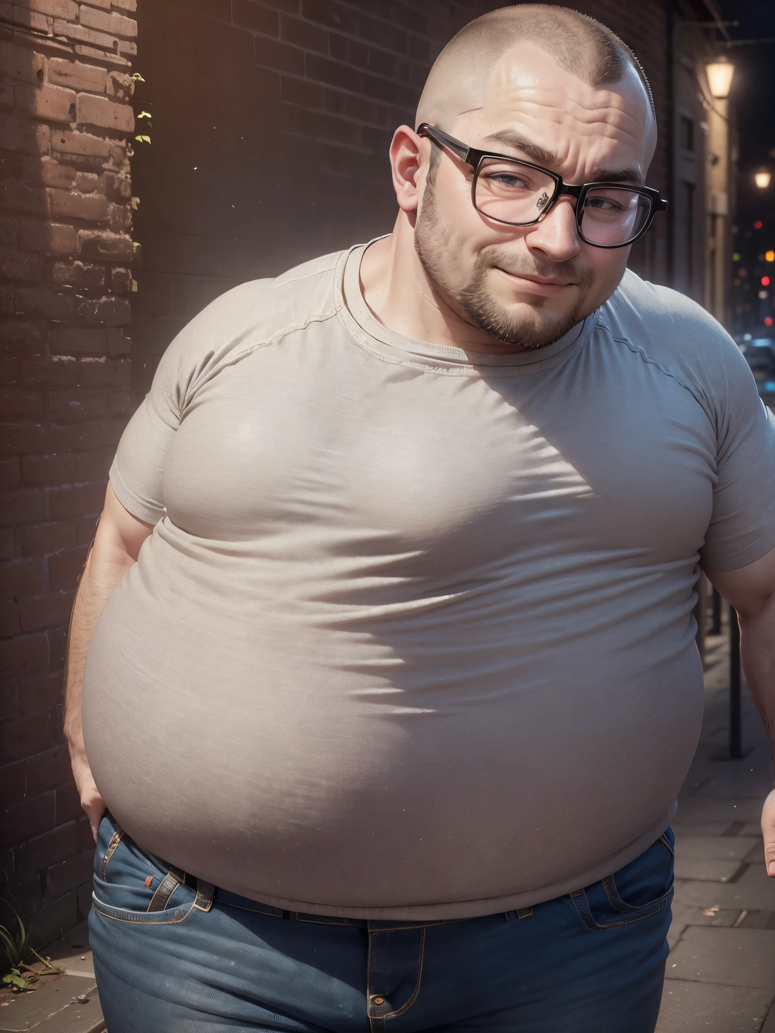 surreal,8k,(38 year old virgin man)、fat man、geek guy android、(Busaic face、dirty smile、open your eyes、Small weight、Skinhead Hair:1.2)(quirky round glasses:1.5)(murderer's face)best pig face、ugly face、White T-shirt and denim pants、Wear cyber armor、swollen belly fat、Penis in the crotch that swells and shows its shape、Ruck sack、Clutching a beautiful girl figure、dark back alley