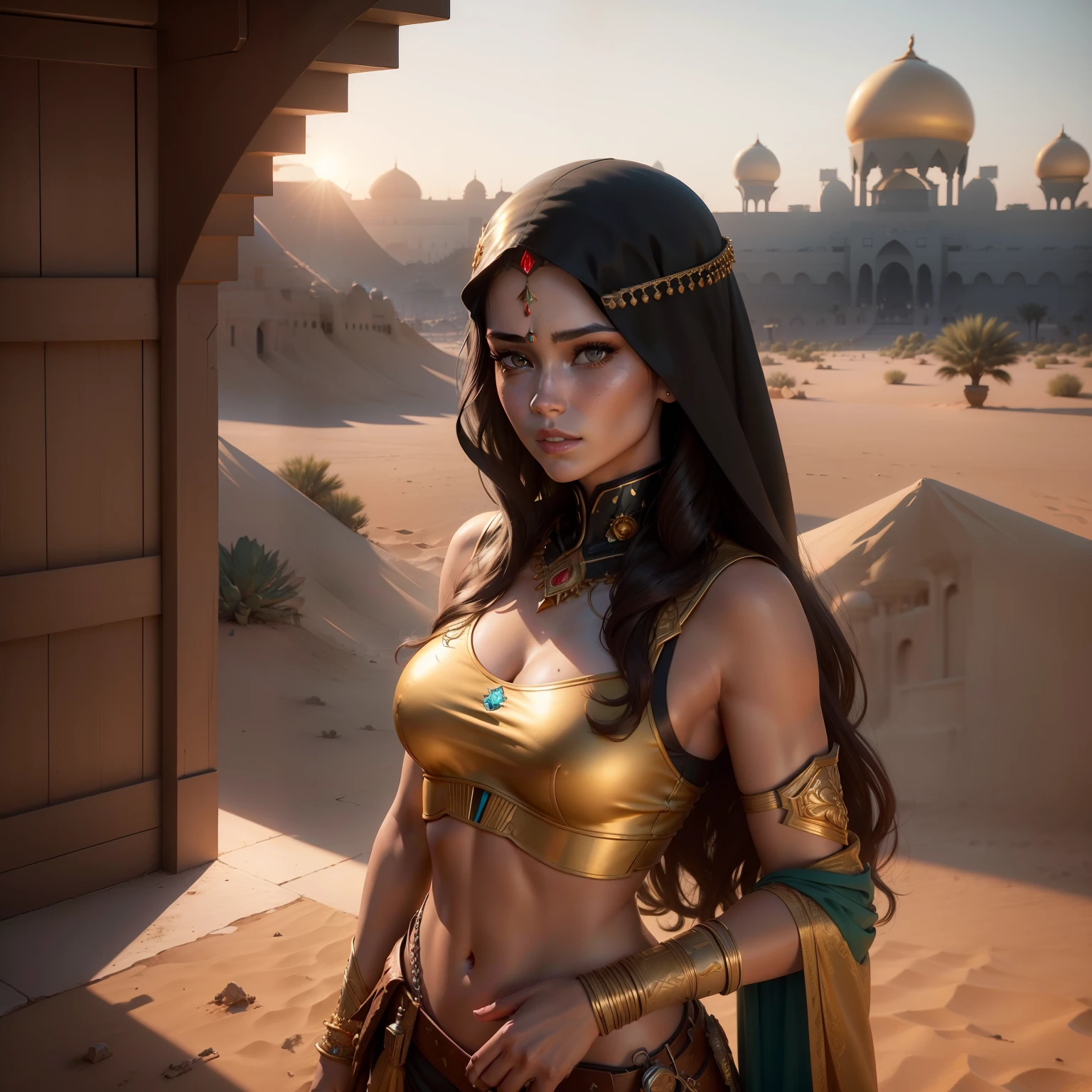 top view, Thirty years old beautiful exotic woman arabic, small breasts, turning away, elegant, noble merchant, cloaked, jewels, rich merchant, medieval fantasy setting, in a rich city district, medieval Roman style architecture, on a large pedestrian sandstone ((bridge)) above the city, intricate details, ornaments, masterpiece, confident, sunset atmosphere, epic scenery, urban city, dynamic lighting, large shot