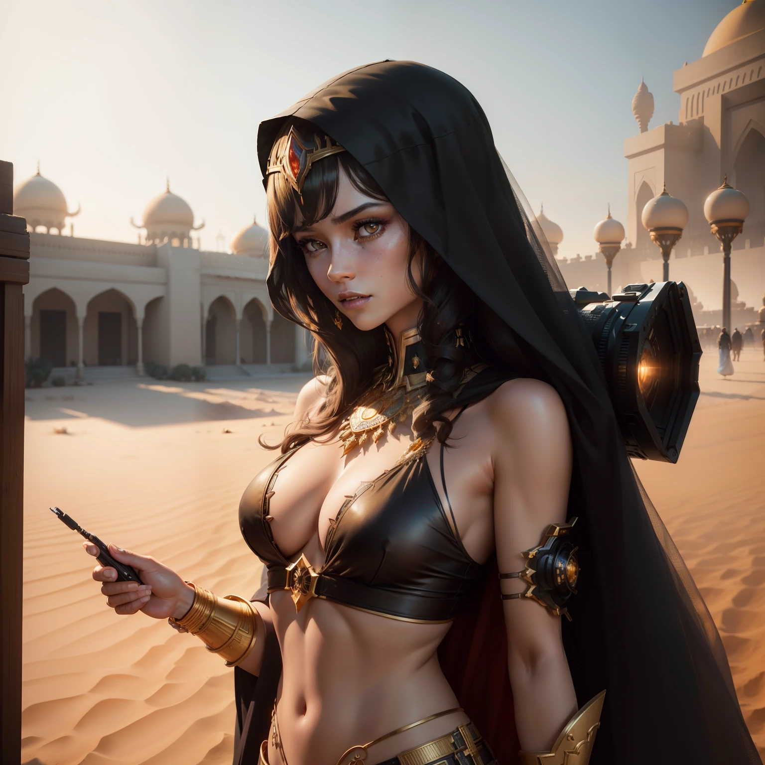 Photo of (arabian princess:1.5) Packed hall standing in the background々and衣装を着て (Cyberpunk Desert:1.3), (Exotic Royal Palace:1.5) and (sunset sky:1.2). In a complex hijab, Long vest in jewelry with gold embroidery, detailed face and eyes, (very detailed:1.4), 8K, realistic, (long dark brown hair:1.2), (young woman:1.1), Written by Jeremy Mann, Written by Sandra Chevrier, Written by Maciej Cuchara, (shadows and highlights:1.3), true shadow, 。.3D, (golden hour lighting:1.3), (by Michelangelo:0.9), Art stations and deviations, Greg Rutkowski and Alphonse Much,RAW photo, Shapuri, by lee jeffries nikon d850 film stock 写真graph 4 kodak portra 400 camera f1.6 lens rich colors hyper 現実的な lifelike texture dramatic lighting unrealengine trending on artstation cinestill 800,
