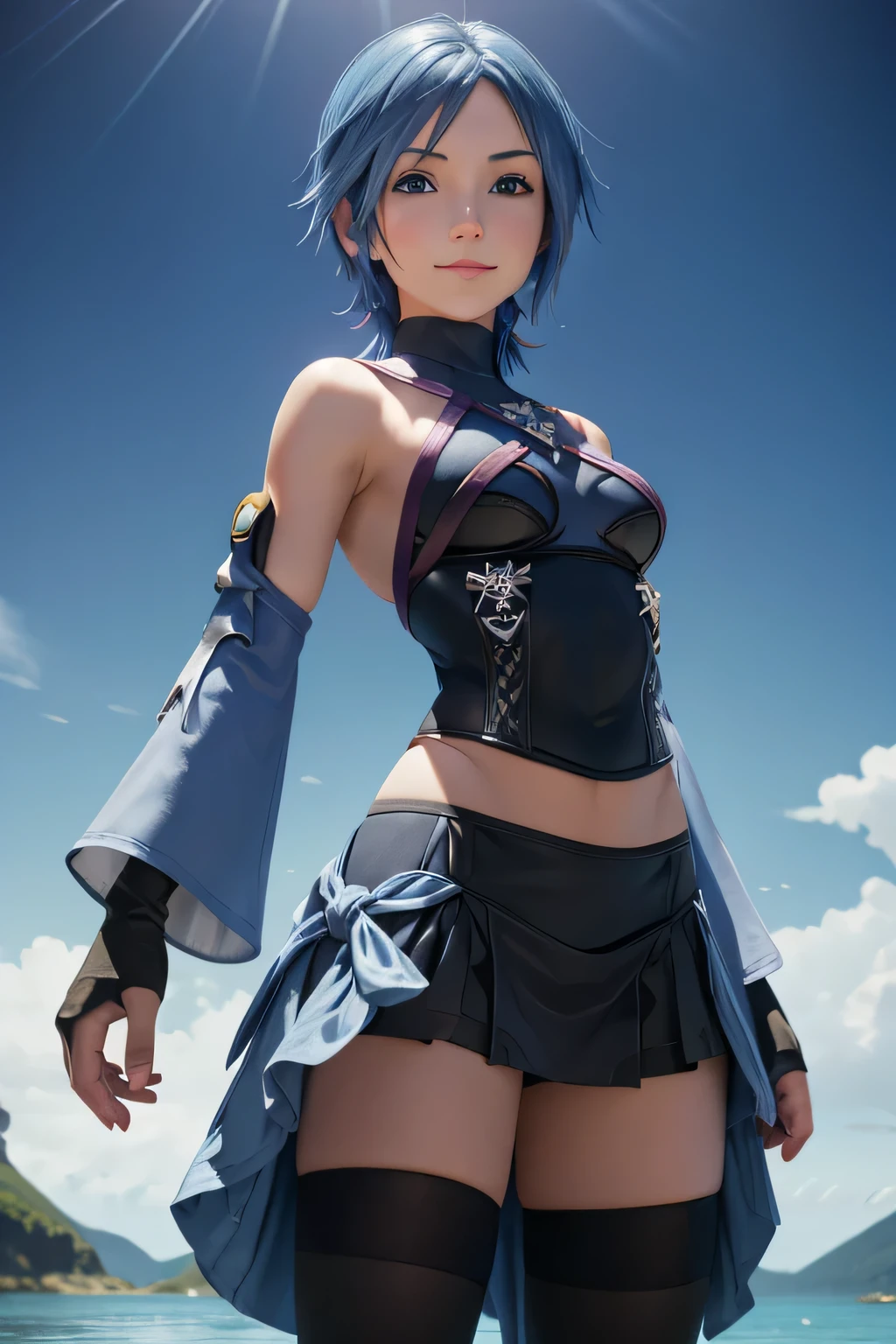 aaaqua, 1 garota, absurdos, fechar-se, obra de arte, olhos azuis, cabelo azul, seios, Chest strap, elbow luvas, luvas, high resolution, (saia), (kingdom hearts), olhando para o espectador, transparent water floor, Sorriso, Sozinho, clear sky, Campo aberto, Campo vazio, mangas largas, medium seios, mangas destacadas, shorts pretos , fingerless luvas, fundo claro, (coxas), retrato