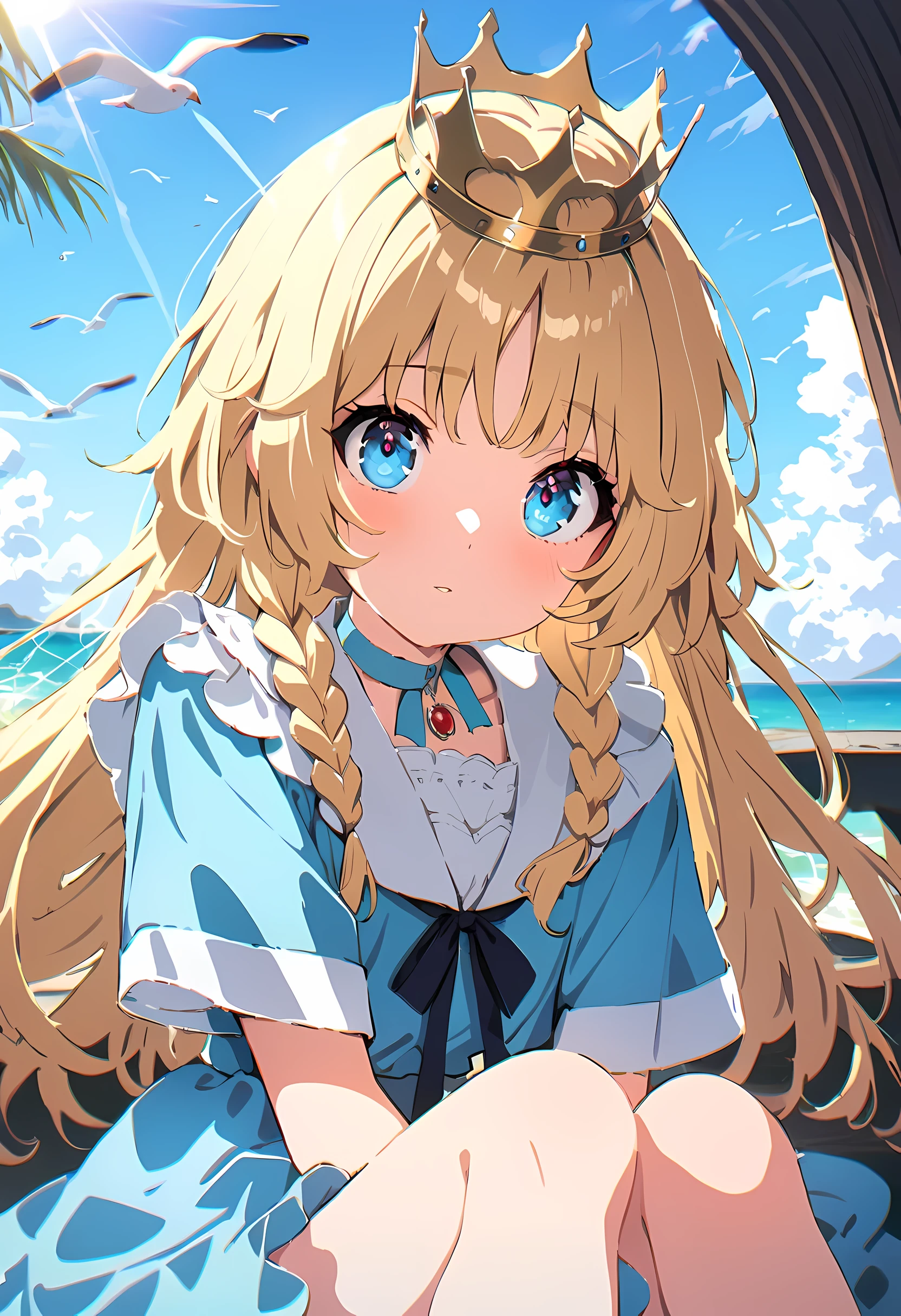 ,((best quality))),8K,((masterpiece)),(extremely delicate and beautiful), There was a girl coming out of the sea, mythical swan princess, beautiful calm face, blue eyes, Long blonde hair braided, Moon braid on back of head, shiny white old clothes，Wearing the Kokosnik Crown, affectionate eyes, half smile, A gentle expression on his face, Seascape and sunlight in the background, Seagulls in the sky, full length, realism