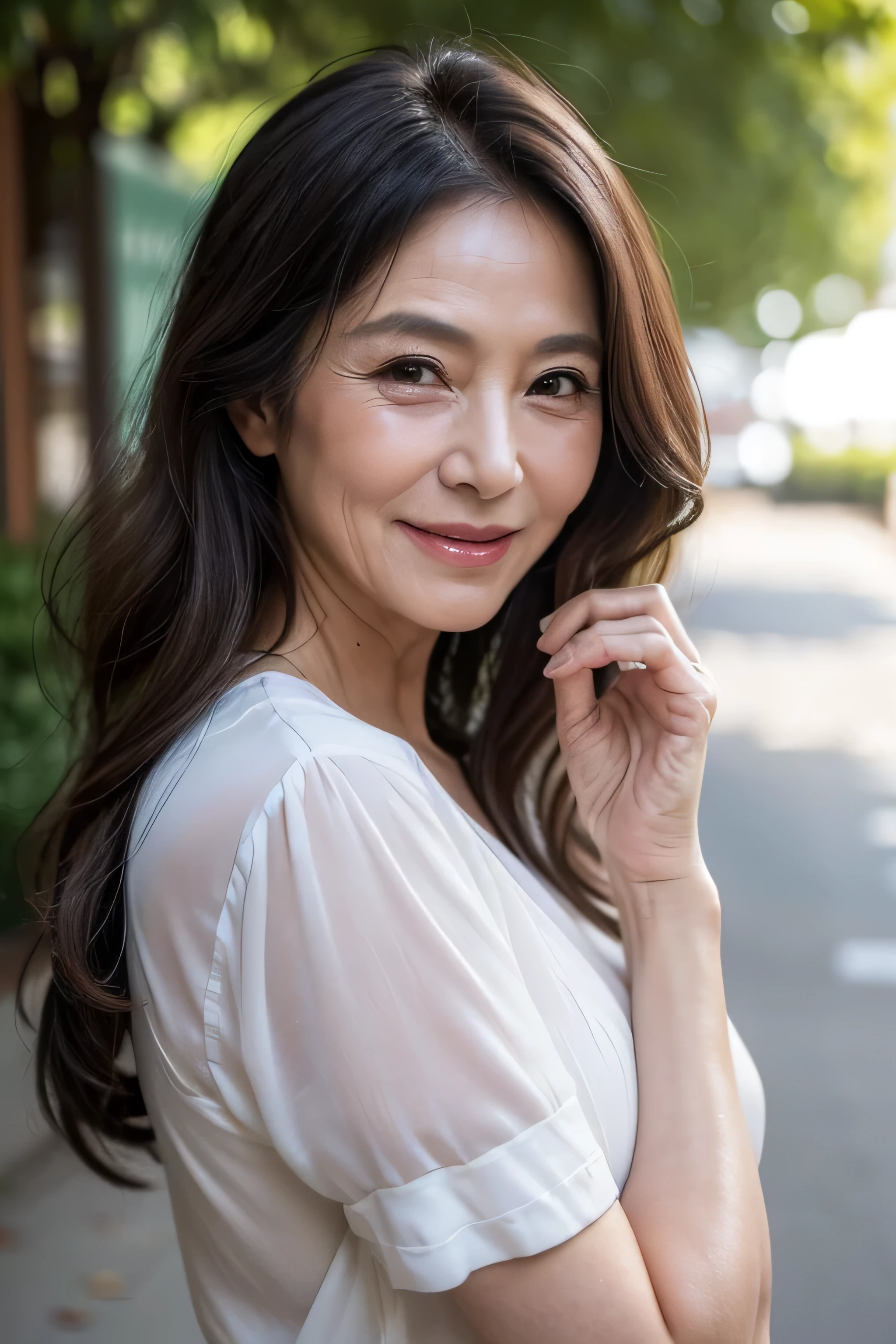 (masterpiece:1.4),(Female, 67 years old:1.4),(facial wrinkles 1.2),smile,long wavy hair,