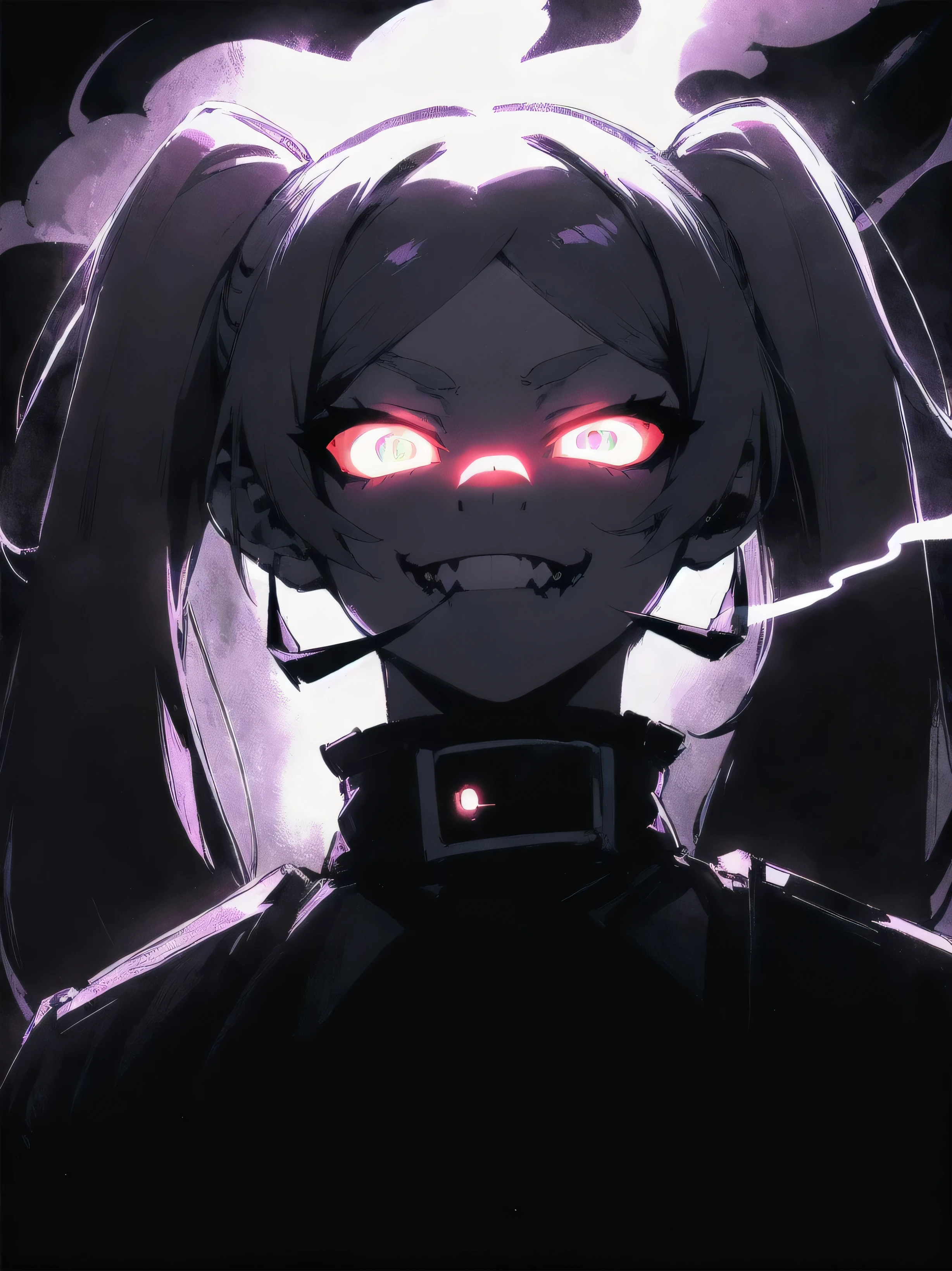 Frieren, very dark badass， white twin tails hair，jk style，evil smile, pov from below, frieren evil staredown, dark room background, glowing neon pupils eyes, glowing smoke neon teeth