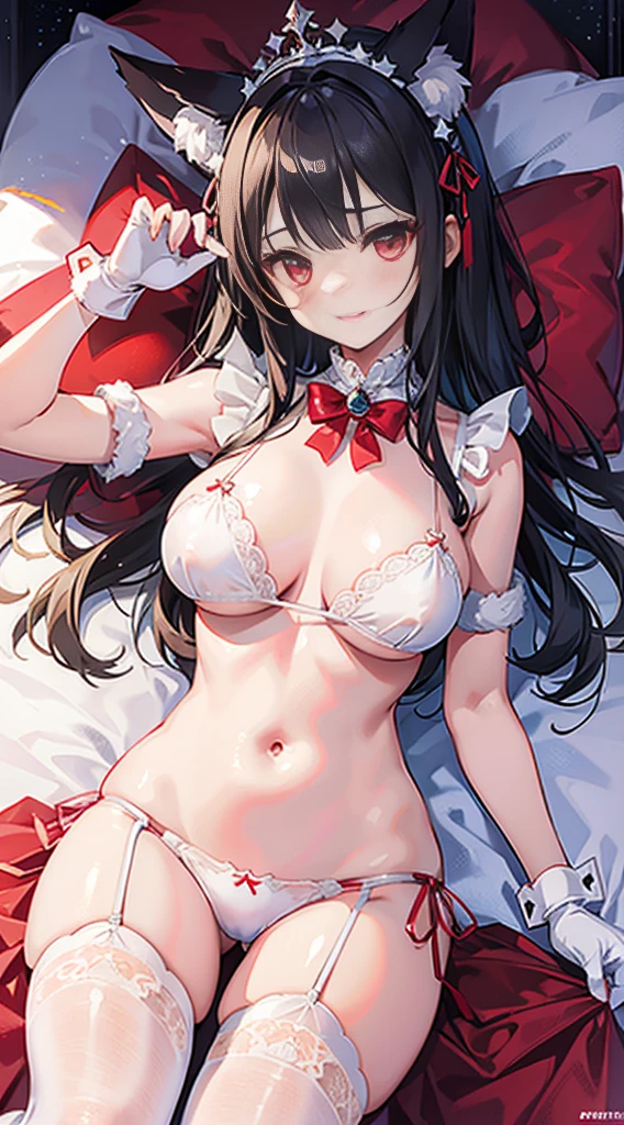 high quality, masterpiece, super detailed, 1 girl, extremely detailed faces, Christmas white lace latex bikini,White gloves,white christmas stocking,Red Lantern,red christmas carpet,maid crown,mad,handcuffs,collar,Calm expression,Smile,handcuffs,collar,long black hair, charming pink eyes, fox ears, Ridiculously big, shiny skin, Lying in bed,Bright Christmas decorated room
