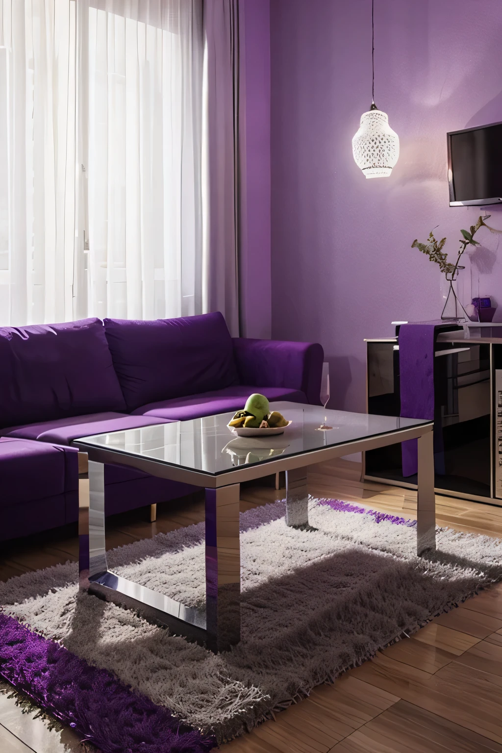 un fond de salon typiquement marocain le rend un peu moderne la couleur doit être mélangée entre le violet et l'argent garder la touche marocaine et ajouter une touche ramdan également sur la table