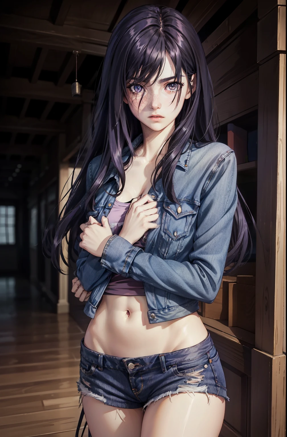 8k, (stand:1.3), slim and fit girl, perfect medium breast, slim waist, long dark purple straight hair, a lock of hair hides the right eye, burn scar, burn mark on right side of face and body, very tight sexy denim outfit, short shorts, short jacket, cropped t-shirt, holds his hands behind his back, carefully drawn hands