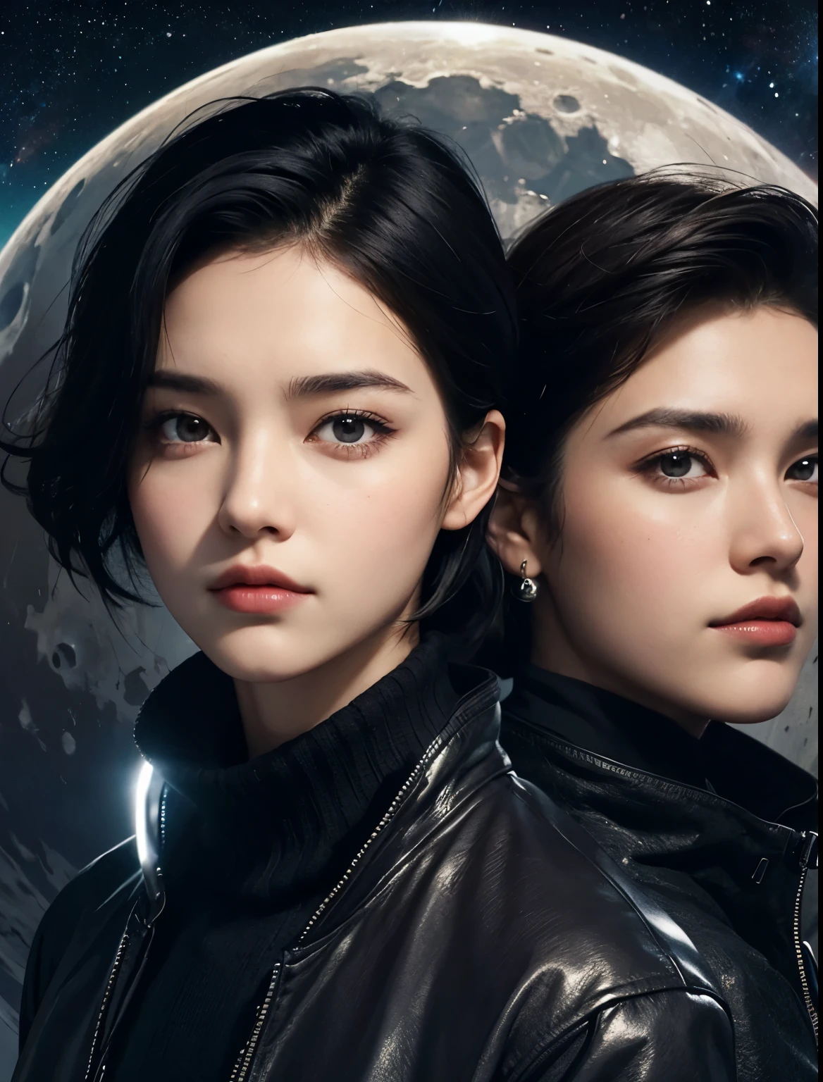A handsome man and a beautiful woman. Late twenties. The man has short black hair. The woman has dark brown hair. Both of them are also wearing jackets. The two are looking at the camera with serious expressions. An image of outer space and the moon in the space behind them. A masterpiece.