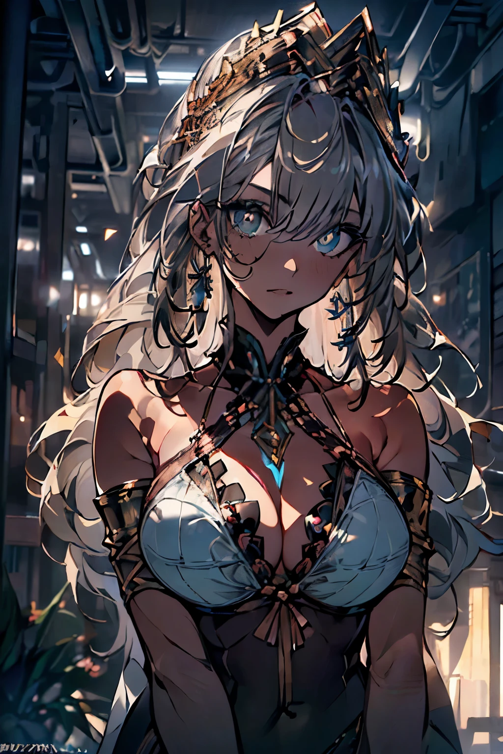 (( (master piece),(Highly detailed CG Unity 8K wallpaper),best quality,cinematic lighting,detailed background,beautiful and fine eyes,bright pupils,(very elegant and beautiful),(Beautiful and detailed eye depiction),super detailed,master piece,High resolution)), curly, ((sexy bikini arms:1.4)), richly decorated gold armor, beautiful female warrior, long hair, (platinum blonde hair)