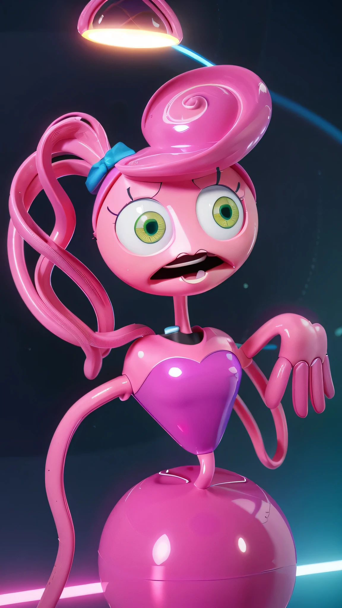 Close-up of a cartoon character wearing a pink dress and light, Pink cult character, humanoid pink female squid girl, Animated Character, green scared eyes, Beautiful pink little alien, this character has cryokinesis, shining pink face, character close up, humanoid character, Стилизованный 3D, chewing body, stylized character, 3D character, 3-й персонаж A blue character with a hat, sad face, and a yellow bow tie stands in front of a purple door. There are two golden loops around his body.. there is a blue and orange daddy with long legs wearing a hat and a yellow rope, iconic character with high detail, 2 d illustration, 2D illustration, stylized digital illustration, art of mobile games, in the elevator, Digital illustration -, Game illustration, mobile game background, 2d digital illustration, evil. bright colors. Cute, Blue Daddy&#39;s Long Legs Toy, GLOSSY TEXTURE, smooth 3d model, 