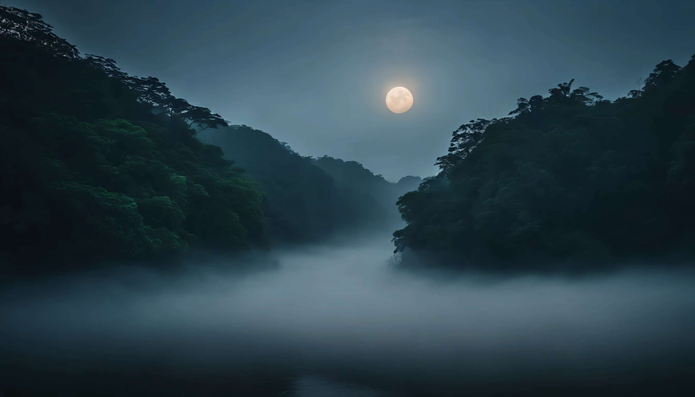 dim moonlight、fog and mist are trees々Cinematic drone shot scene of jungle-covered landscape