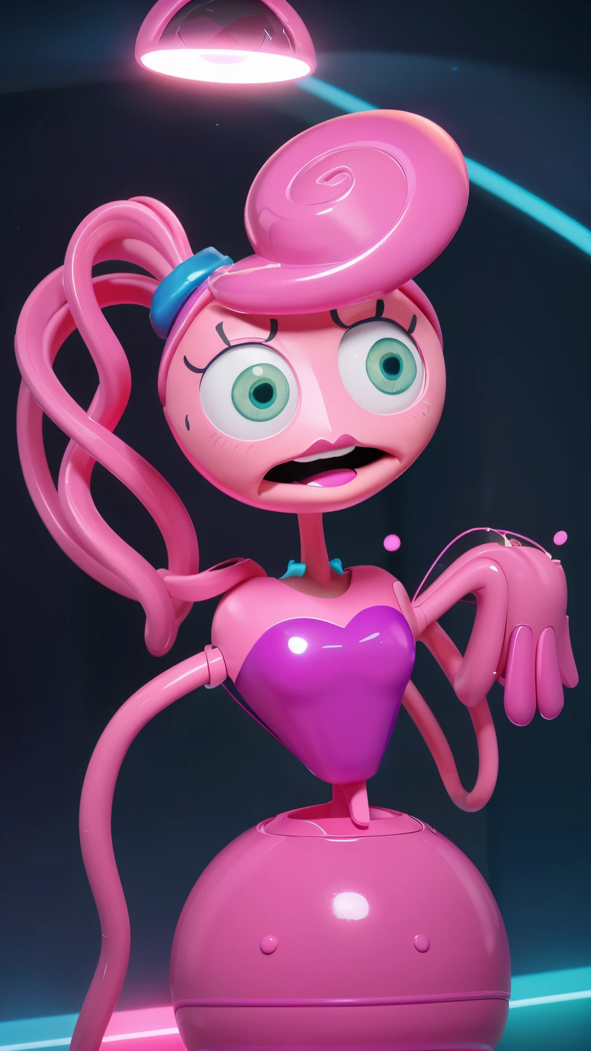 Close-up of a cartoon character wearing a pink dress and light, Pink cult character, humanoid pink female squid girl, animated character, green scared eyes, Beautiful pink little alien, this character has cryokinesis, shining pink face, character close up, humanoid character, Stylized 3D, chewing body, stylized character, 3D character, 3-й персонаж A blue character with a hat, a sad face, and a yellow bow tie is standing in front of a purple door. It has two golden loops around its body. there is a blue-orange daddy long legs in a hat and a yellow rope, iconic character with high detail, 2 d illustration, 2D illustration, stylized digital illustration, art of mobile games, in the elevator, Digital illustration -, Game illustration, mobile game background, 2d digital illustration, evil. bright colors. Cute, blue daddy long legs toy, glossy texture, smooth 3d model, 