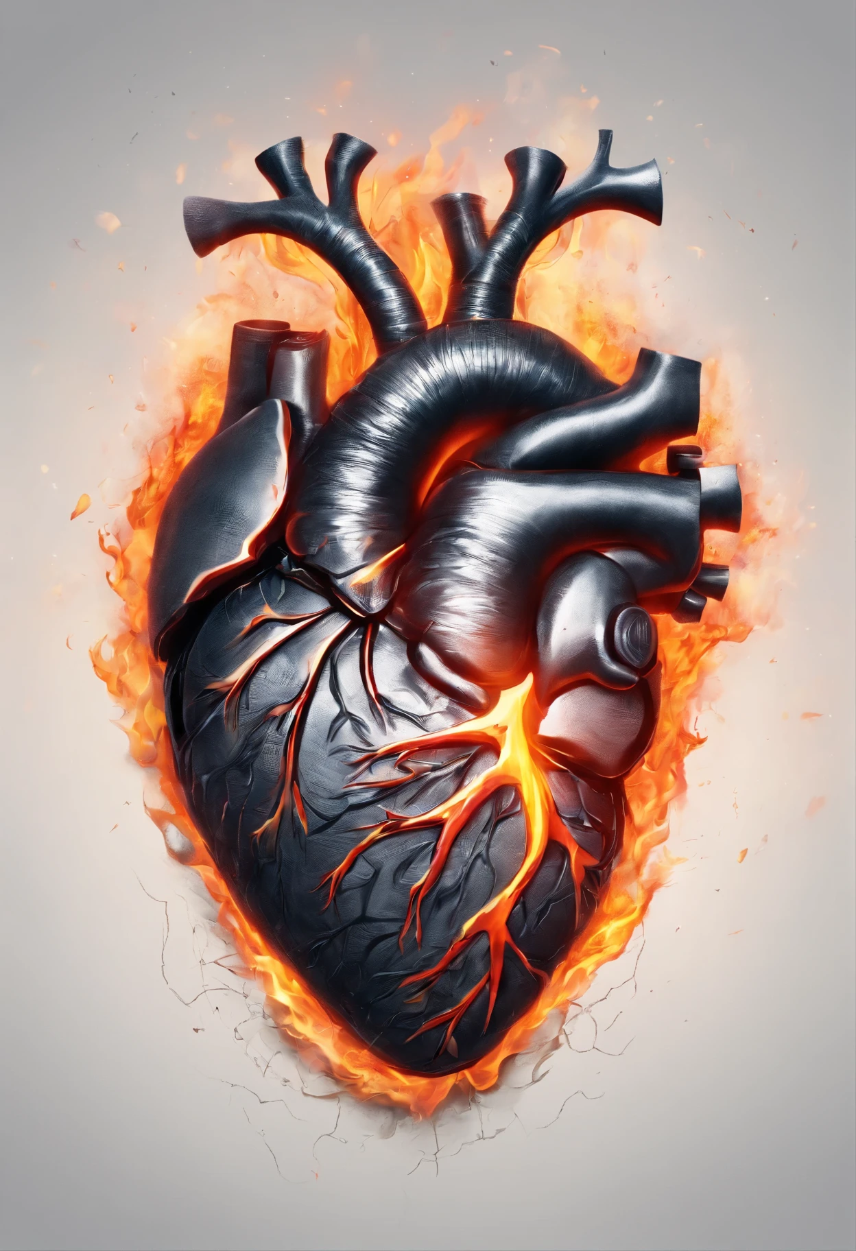 Draw a high-resolution, high-quality representation of a human heart that is realistically on fire. The scene should convey a sense of intensity and drama, capturing intricate details of the heart's anatomy and the realistic texture of the flames.
The flames surrounding the heart must be drawn realistically, with variations in colors and intensities to demonstrate the heat and energy of fire. Pay attention to the movement of the flames and the areas where the fire is most intense.