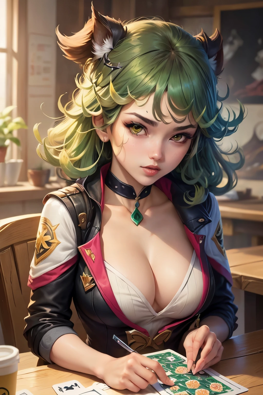 ((Melhor qualidade)), ((obra de arte)), (detalhado), mulher com cabelo verde, segurando uma espada, (Artgerm inspirado:1.2), (vencedor do concurso pixiv:1.1), (deusa polvo:1.3), (Frenetic art style:1.2), retrato em close, caveira de deusa, (Senna de League of Legends:1.1), (Tatsumaki com cabelo verde cacheado:1.2), card game illustration, pincel grosso, Papel de parede de anime HD, (Akali de League of Legends:1.1), 8k resolution mc donalds attendant