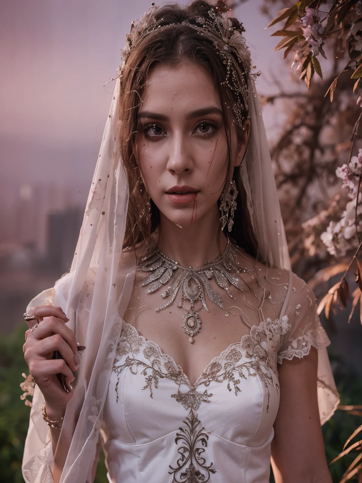 Mujer arafed con un vestido de novia con sangre en la cara., Apocalyptic wedding, hauntingly hermoso zombi, hermoso zombi, retrato vfx muy detallado, inspirado en la sociedad cg, corpse bride style, retrato vfx muy detallado of, pale woman covered in blood, alexey egorov, hiper realismo aterrador, atractivo y aterrador, miss angel, retrato de pintura mate