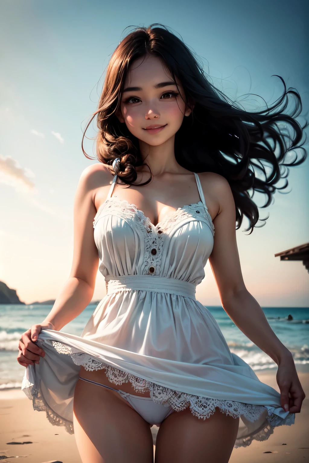 very cute and beautiful girl,frilled white summer dress with detailed lace,(highly detailed beautiful face),
(smile:1.2),blush,black hair,looking at viewer,cowboy shot,(skirt lift,white panties),
beach,distant rugged cliffs,
(best quality,masterpiece:1.2),absurdres,highres,ultra-detailed,extremely detailed,32k,8k resolution,
intricate details,cinematic scene,detailed background,solo,dynamic angle,
hair fluttering in the wind,beautiful detailed sky,