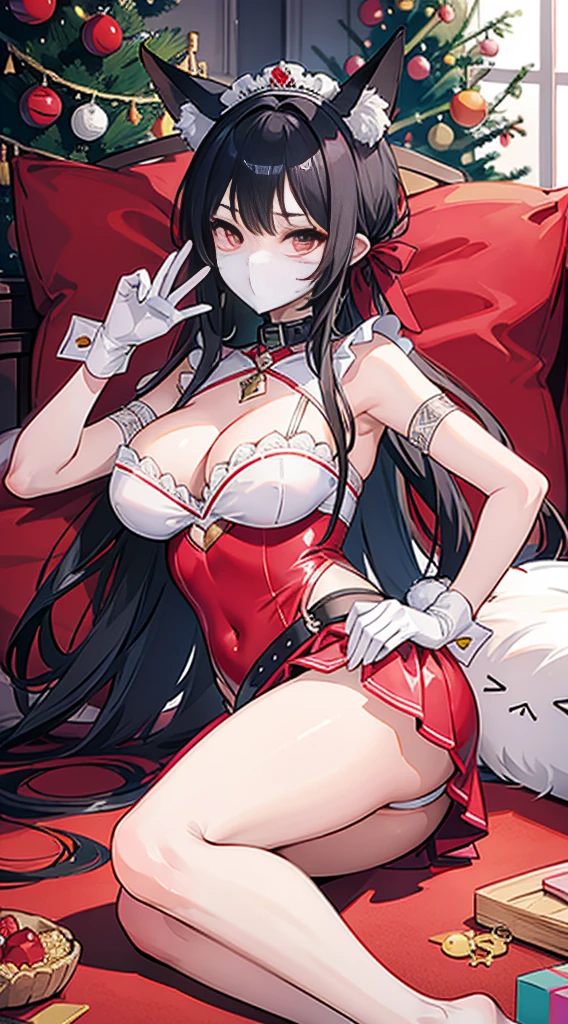 high quality, masterpiece, super detailed, 1 girl, Rear view, extremely detailed faces, Christmas white lace latex bikini,White gloves,white christmas stocking,Red Lantern,red christmas carpet,maid crown,handcuffs,collar,Calm expression,Smile,handcuffs,collar,long black hair, charming pink eyes, fox ears, Ridiculously big, shiny skin, Lying in bed,Bright Christmas decorated room