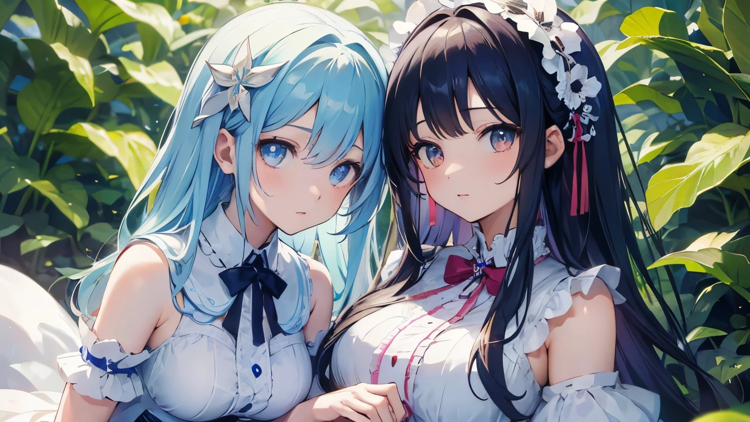 2 girls, one dark blue haired with yellow and black clothing and flat breasted, one purple haired with pink nurse outfit with huge breast.