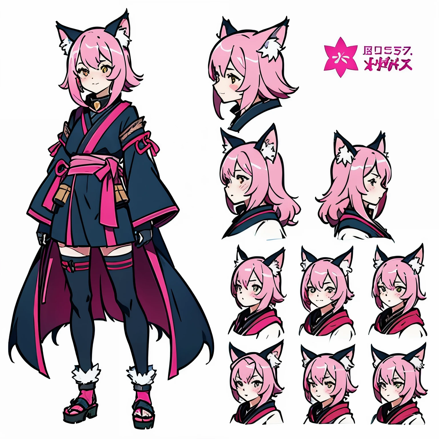 a drawing of a woman with pink hair and a cat ears, female fursona, female furry mini cute style, full body adoptable, fox nobushi, character adoptable, pink fox, beautiful anime catgirl, anime character design, anime catgirl, anime style character, anime character reference sheet, kitsune inspired armor, holo is a wolf girl, foxgirl