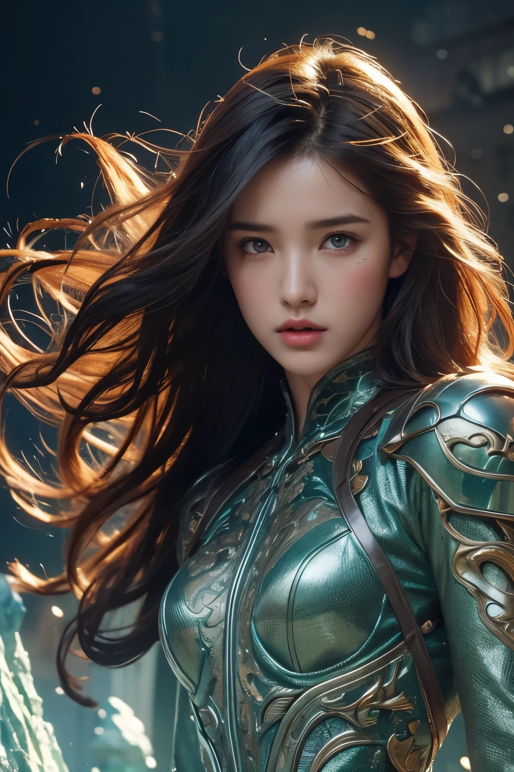 {{masterpiece}}, top rendering, Realistic visualization, dark green rendering, metal rendering, {{color ink painting}}}, {{splash of ink}}}, {{color}}, {{color}}, great rendering, Best quality, illustration, flame, smoke, Doomsday World, splash of ink fire sea doomsday, whole body, 1 girl, Phoebe Cates Facial Blend, exquisite facial Details, Delicate facial features, Real face, beautiful Details eyes, deep pupils, broken city Details, beautiful Details long hair, Wavy hair, broken Detail street, transparent mechanical core, cyborg girl, Detail, chill, strict care, lace trim, costume retouching with linear light, rendering the world, reflection, highlight, holy light, confidence, Charm, battle stance Detail close-up, fire day, {filigree}, colored background, the dragon is behind the girl, sea of fire, {tornado special effects}, beautiful Details red dragon armor, (cold face, confident) Greater depth, depth of field, 360° panoramic image, brutal and magnificent battle scenes, Broken mirrors, fingers are all hidden and not shown, small mouth closed
