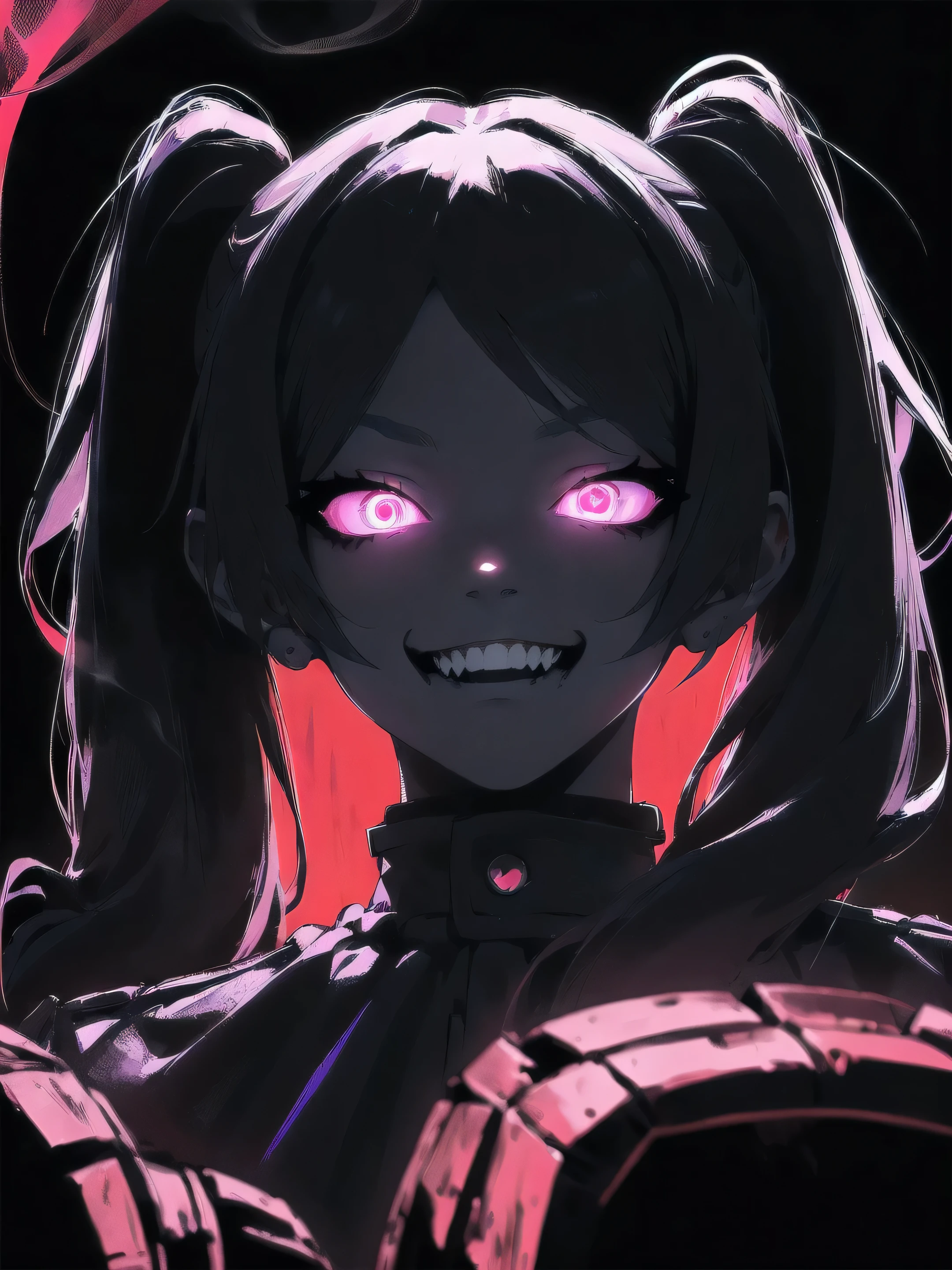 Frieren, very dark badass， white twin tails hair，jk style，evil smile, pov from below, frieren evil staredown, dark room background, glowing neon pupils eyes, glowing smoke neon teeth