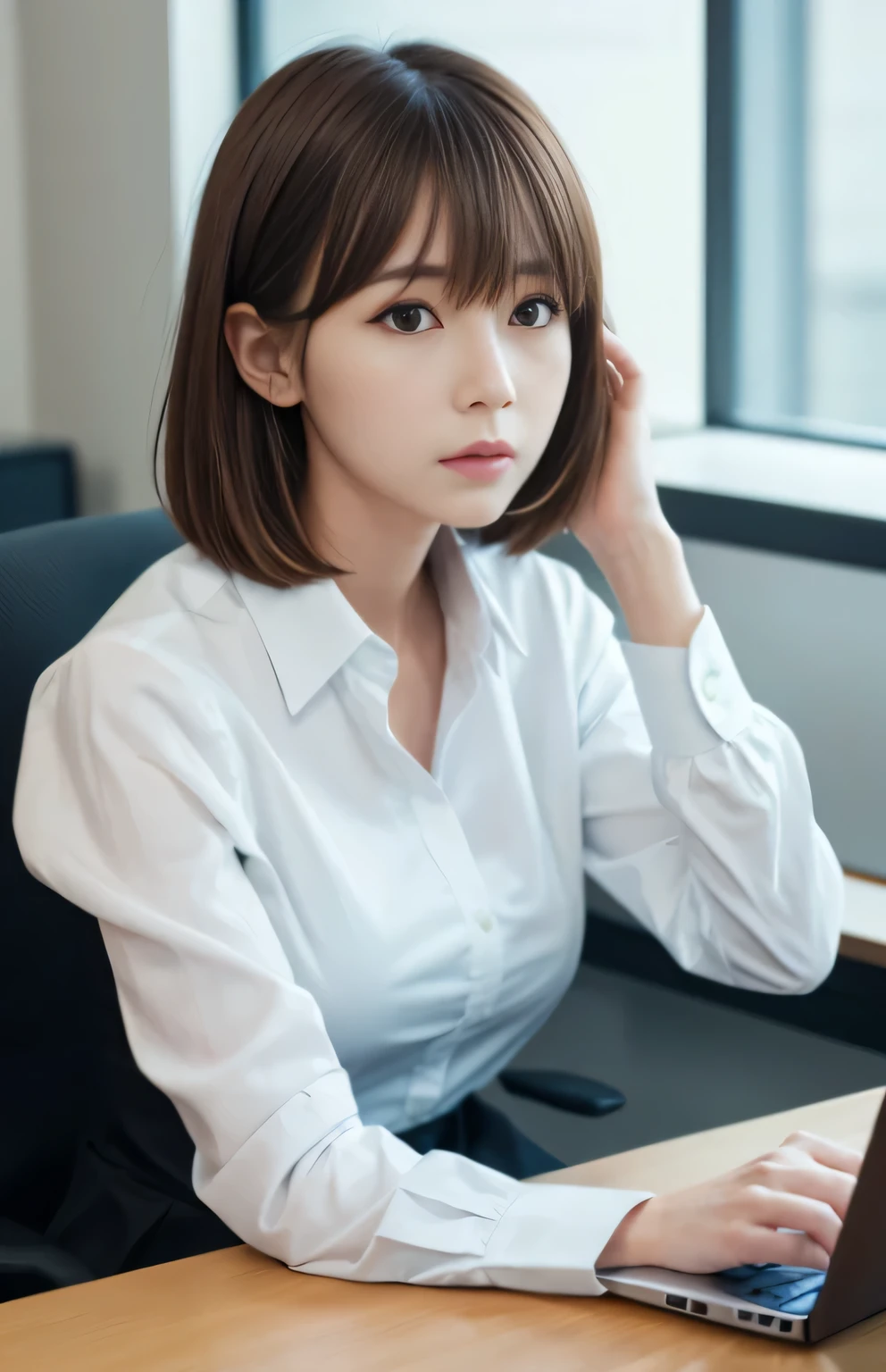table top, highest quality, Super detailed, finely, High resolution, 8k wallpaper, perfect dynamic composition, beauty, tap on the shoulder, beautiful and detailed eyes, small face, neat girl, thin, thin body, thin, white business shirt, natural color lip, office, sit at desk, A lot of paperwork on the desk, Hit the keyboard, my eyes are on the desktop, brown hair, short bob, bangs , thin, I'm worried, stern look、