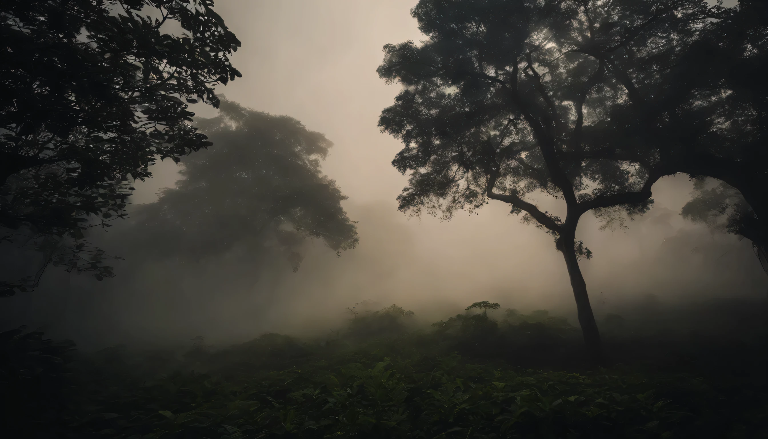 dim moonlight、fog and mist are trees々Cinematic drone shot scene of jungle-covered landscape