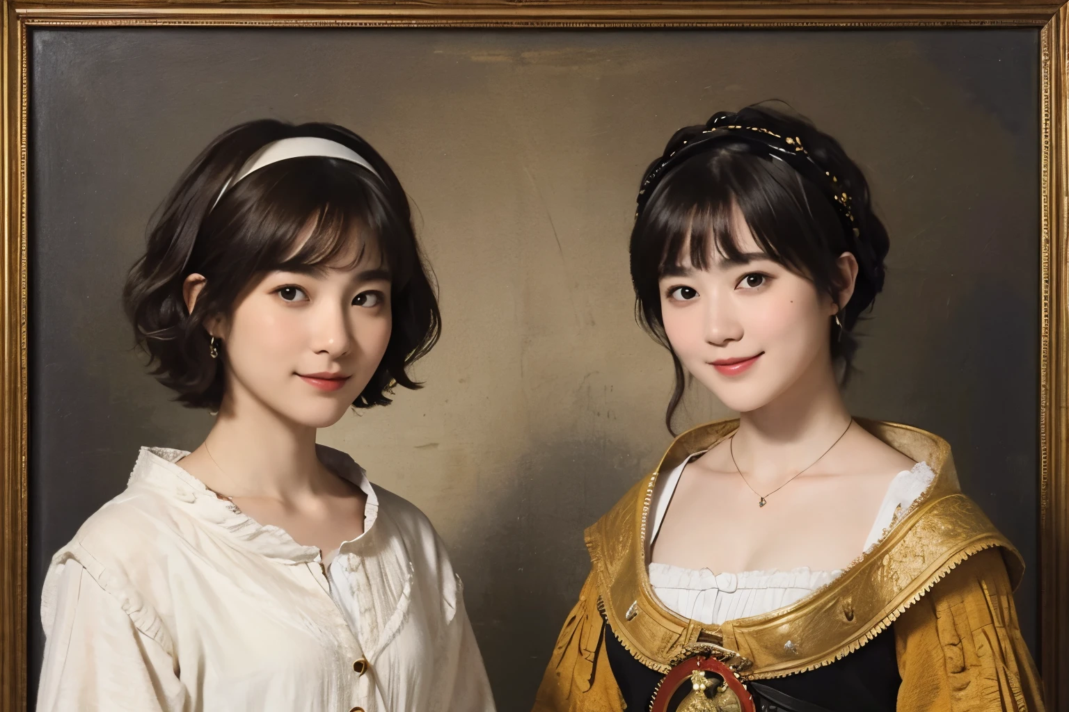181 short hair, 20 year old female, gentle smile, (rembrandt style painting), (chest:1.2), long sleeve clothes