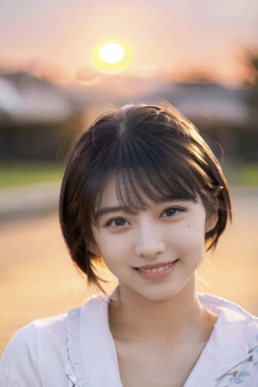 Match mariaM,live-action,4k,20 year old female,beautiful face,super close up of face,smile,one person,black hair,short hair,sunset