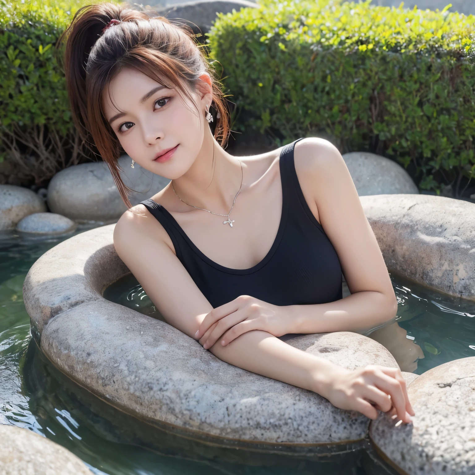 A hot spring resort in the mountains of Japan,beautiful mountain in background々,open-air bath、(視界を遮る熱湯煙 rock bathから立ち上る水蒸気:1.3),(rock bath:1.3),(open-air bathで肩を深く浸かる:1,3),Tank top,cheeks turn red、smile shyly、(beautiful girl)、(reddish brown short hair、hairpin、ponytail、floating hair、)Huge 、blushing with embarrassment、dreamy eyes、A smile that confuses the viewer、Check out the photographer、skin shining with sweat、look at the viewer,necklace、earrings、pointed red mouth,perfect round face,,proper body proportions,intricate details,very delicate and beautiful hair,realistic pictures,dream-like,professional lighting,realistic shadow,focus only,beautiful hands,beautiful fingers,Detailed functions of fingers,Detailed arm functions,Detailed clothing characteristics,Detailed characteristics of hair,detailed facial features,(table top,highest quality,Ultra high resolution output image,) ,(8K quality,),(Image mode Ultra HD,)