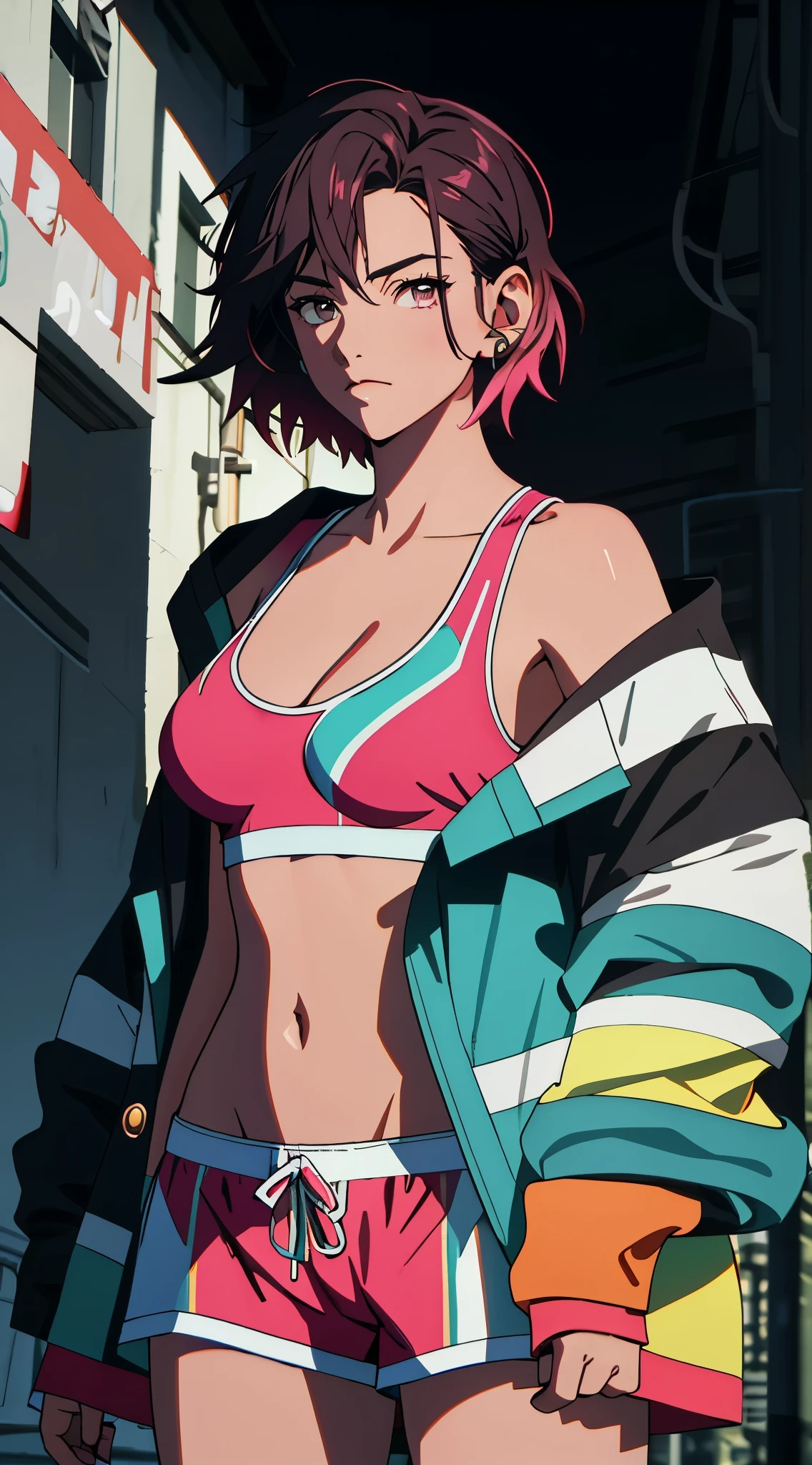 (dynamic lighting), (highly detailed cg), (highly detailed skin), (breastout), (toned body), (photorealistic), (high-res), ultra realistic 8k CG, 1girl, black short hair, collarbone, hipbone, pink sports bra, open teal jacket, pink shorts over black leggings, (exposed breasts), perfect, standing in a dirty alley,