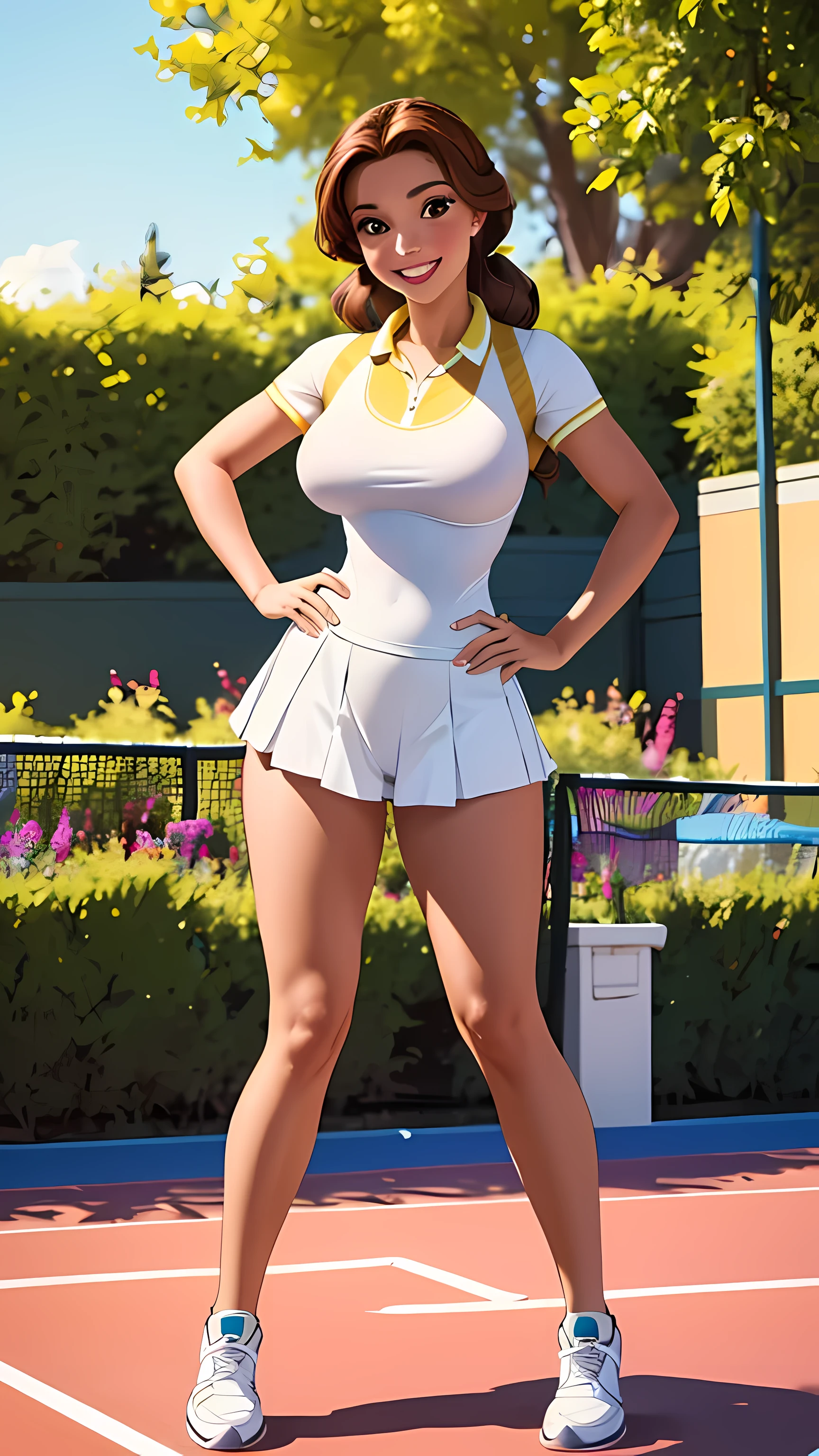 belle, with a tennis outfit, tennis court, (full body), (masterpiece:1.2), (best quality), (ultra detailed), (8k, 4k, intricate), (highly detailed:1.2),huge breasts, smile, brown hair, brown eyes, makeup