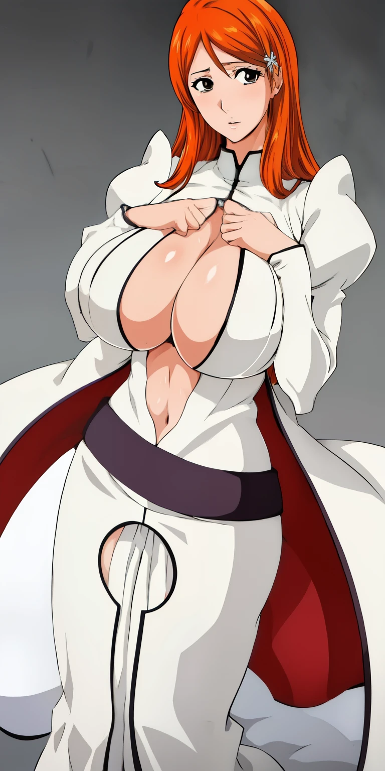 orihimeinoue, huge_breasts, standing, solo, Orihime_White_dress, masterpiece, best quality, detailed face, detailed eyes, highres, perfect face, ultra detailed,detailed face, 8k wallpaper, wide hips, Orange hair, Dress with open breasts, chest dress unbuttoned, unbuttoned breasts showing much of her breasts, Exhibitionist, voluptuous body , Bare tits, big tits and showing the viewer, Leaning towards the camera showing her huge breasts 