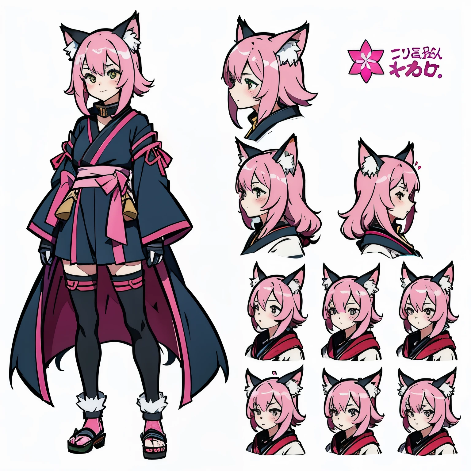 a drawing of a woman with pink hair and a cat ears, female fursona, female furry mini cute style, full body adoptable, fox nobushi, character adoptable, pink fox, beautiful anime catgirl, anime character design, anime catgirl, anime style character, anime character reference sheet, kitsune inspired armor, holo is a wolf girl, foxgirl