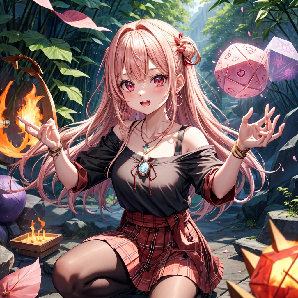 pink blonde、red eyes、one good looking girl、solo、anime、plaid mini skirt、black camisole、black t-shirt、dress、wearing a ribbon、ribbon at waist、cloak、hood、stone slabs are piled up、crystal earrings、jewelry necklace、Light and shadow、walking、clock、universe、vine plant、petal、tilting one&#39;s face、teeth are visible、fire spirit、book of magic、Cube、bamboo forest、lava、Plum blossom、squatting down