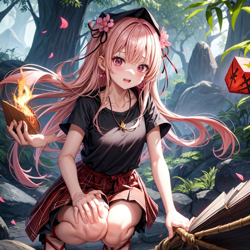 pink blonde、red eyes、one good looking girl、solo、anime、plaid mini skirt、black camisole、black t-shirt、dress、wearing a ribbon、ribbon at waist、cloak、hood、stone slabs are piled up、crystal earrings、jewelry necklace、Light and shadow、walking、clock、universe、vine plant、petal、tilting one&#39;s face、teeth are visible、fire spirit、book of magic、Cube、bamboo forest、lava、Plum blossom、squatting down