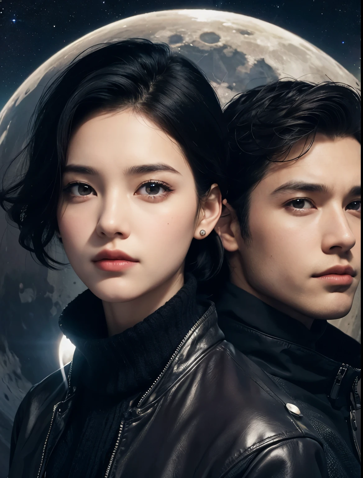 A handsome man and a beautiful woman. Late twenties. The man has short black hair. The woman has dark brown hair. Both of them are also wearing jackets. The two are looking at the camera with serious expressions. An image of outer space and the moon in the space behind them. A masterpiece.