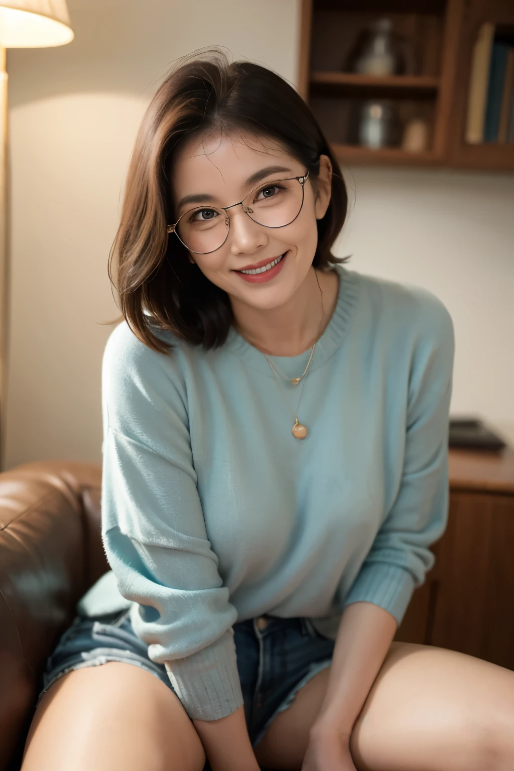 60 year old woman、(((facial wrinkles:1.2)))、beautiful woman、smile、spread legs、cute clothes,wear glasses