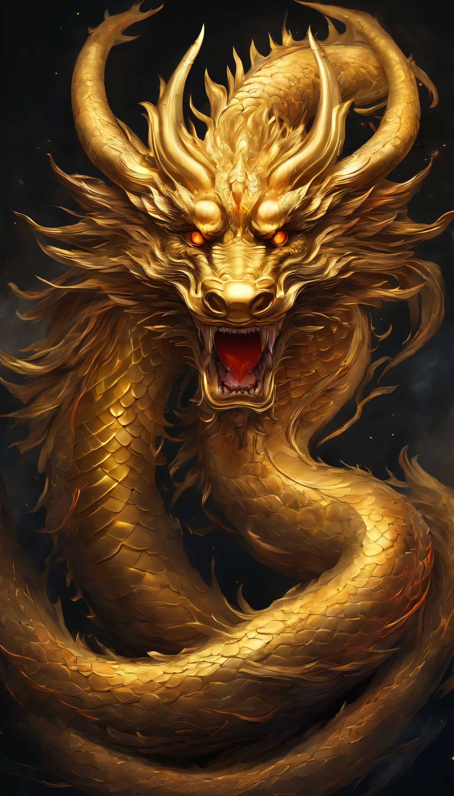 (highest quality, High resolution:1.2), (realistic,realistic:1.37), black background, A Chinese dragon with seven heads emerges from the darkness, Front tap，Weak red eye, intricate details, ((Front view:1.4)), ((golden:1.4))