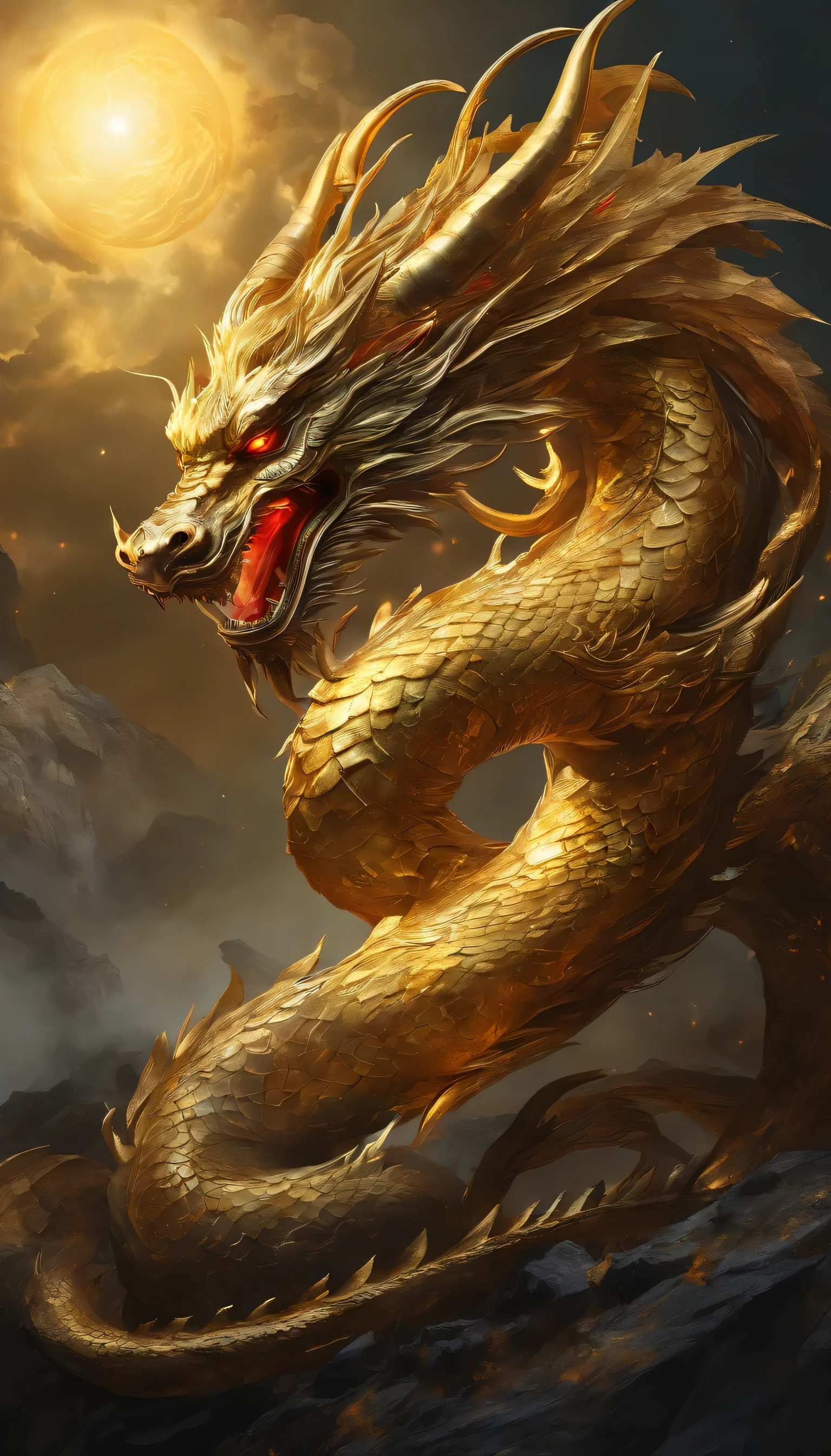 (highest quality, High resolution:1.2), (realistic,realistic:1.37), black background, A Chinese dragon with seven heads emerges from the darkness, Front tap，Weak red eye, intricate details, ((Front view:1.4)), ((golden:1.4))