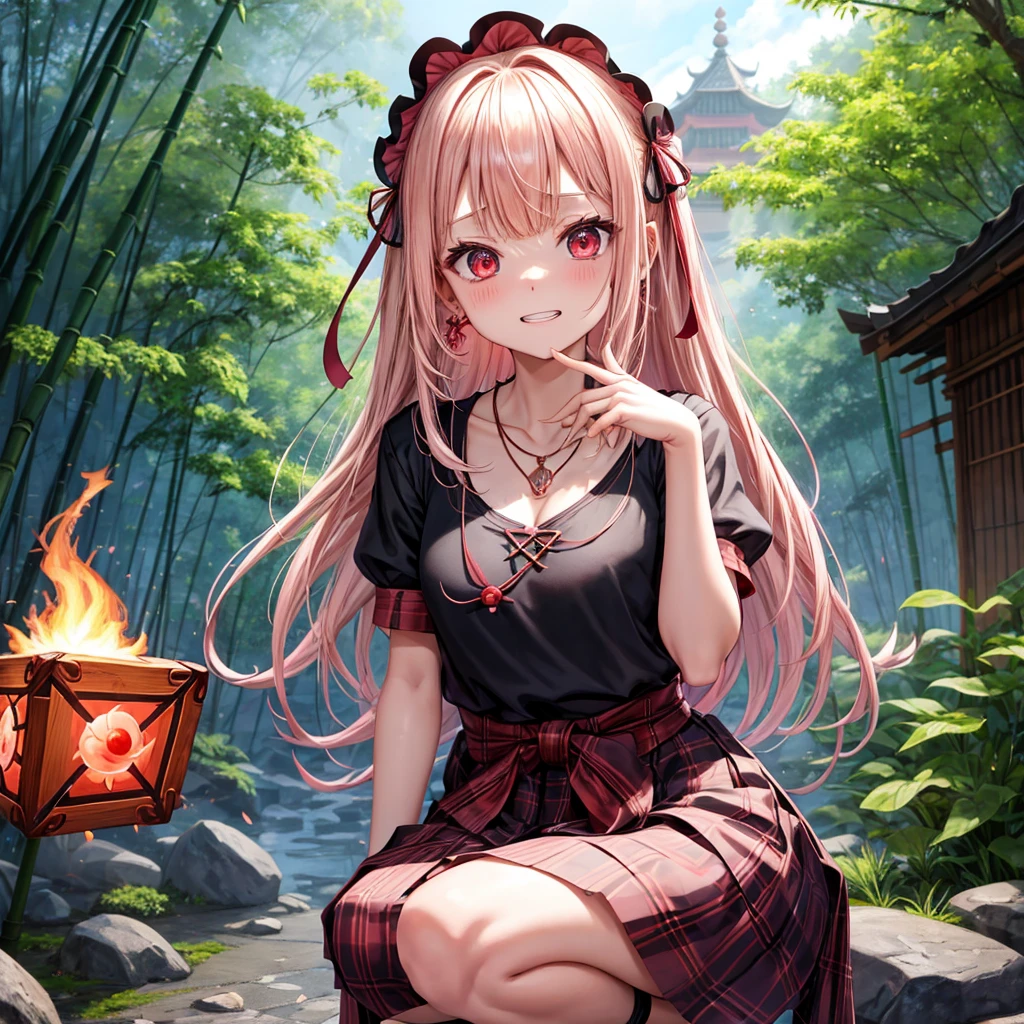 pink blonde、red eyes、one good looking girl、solo、anime、plaid mini skirt、black camisole、black t-shirt、dress、wearing a ribbon、ribbon at waist、cloak、hood、stone slabs are piled up、crystal earrings、jewelry necklace、Light and shadow、walking、clock、universe、vine plant、petal、tilting one&#39;s face、teeth are visible、fire spirit、book of magic、Cube、bamboo forest、lava、Plum blossom、squatting down
