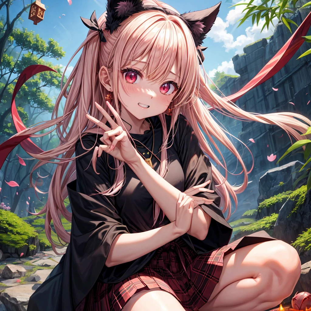 pink blonde、red eyes、one good looking girl、solo、anime、plaid mini skirt、black camisole、black t-shirt、dress、wearing a ribbon、ribbon at waist、cloak、hood、stone slabs are piled up、crystal earrings、jewelry necklace、Light and shadow、walking、clock、universe、vine plant、petal、tilting one&#39;s face、teeth are visible、fire spirit、book of magic、Cube、bamboo forest、lava、Plum blossom、squatting down
