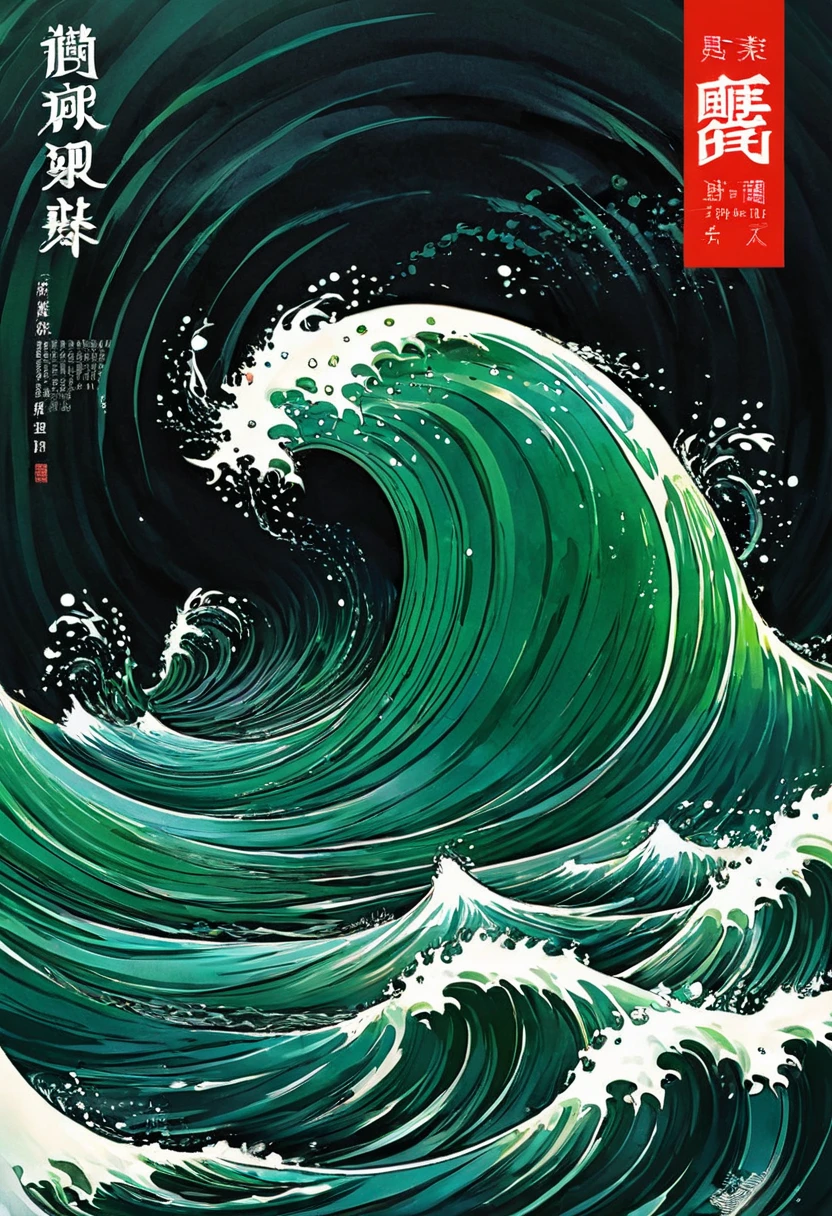 Magazine cover Magazine cover masterpiece complex and detailed dreamlike art style. There is a fish in the sea. The dynamic waves are dark green gradient and the fish is jumping upward. The dynamic sense is inspired by Victor Wei&#39;s rich Chinese style. The application of colors and lines in his works is very special. personal style，The content of the screen is very unreal，It&#39;s like a dream world combining traditional and digital technology，Produce captivating and imaginative masterpieces of art, top quality, best quality